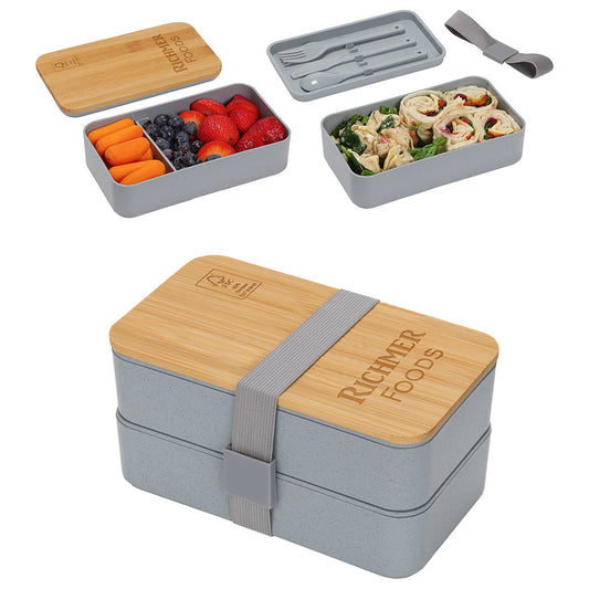 Custom logo Double Decker Lunch Box with FSC® Bamboo Lid & Utensils