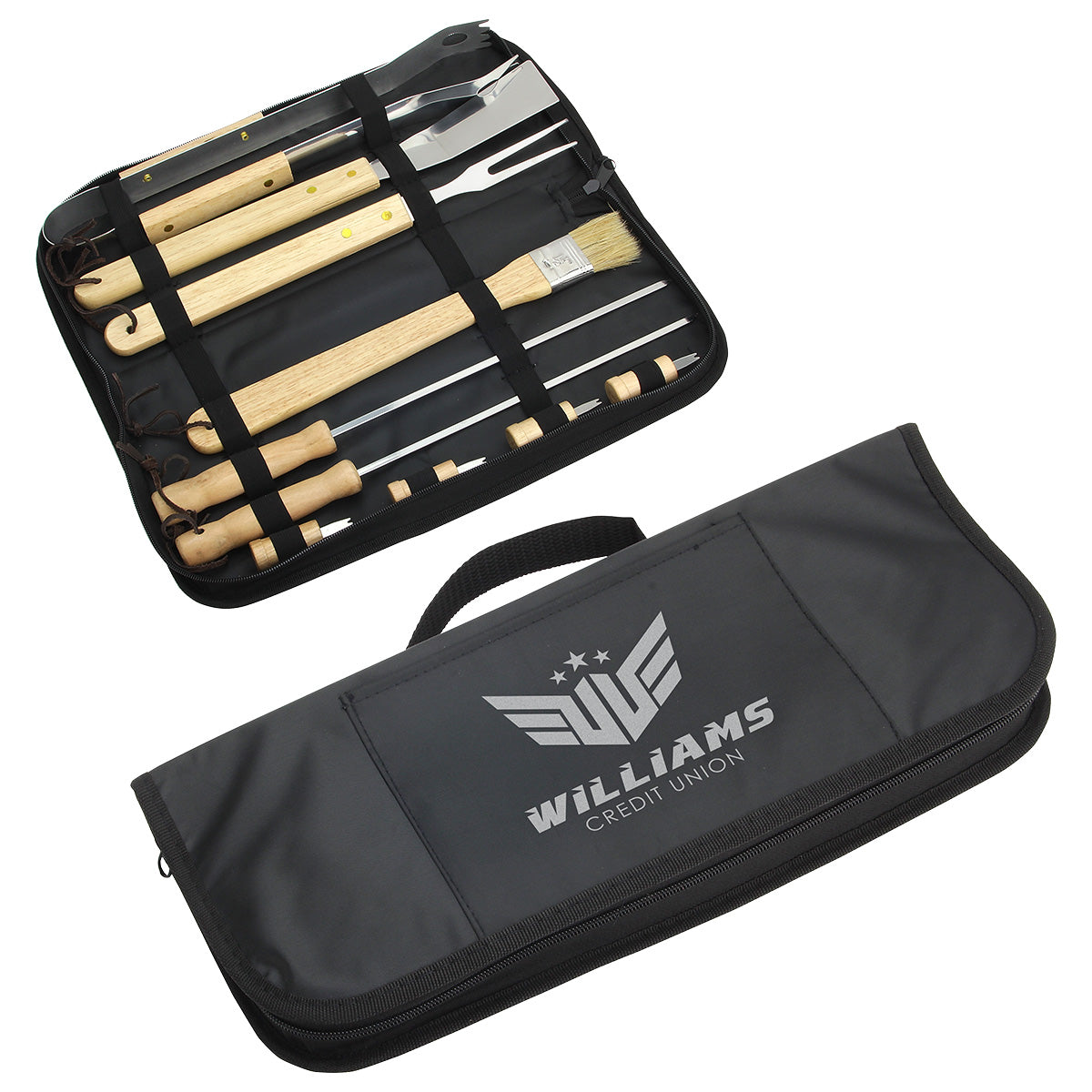 Custom logo Redwood 10-piece Stainless Steel BBQ Set with Carrying Bag