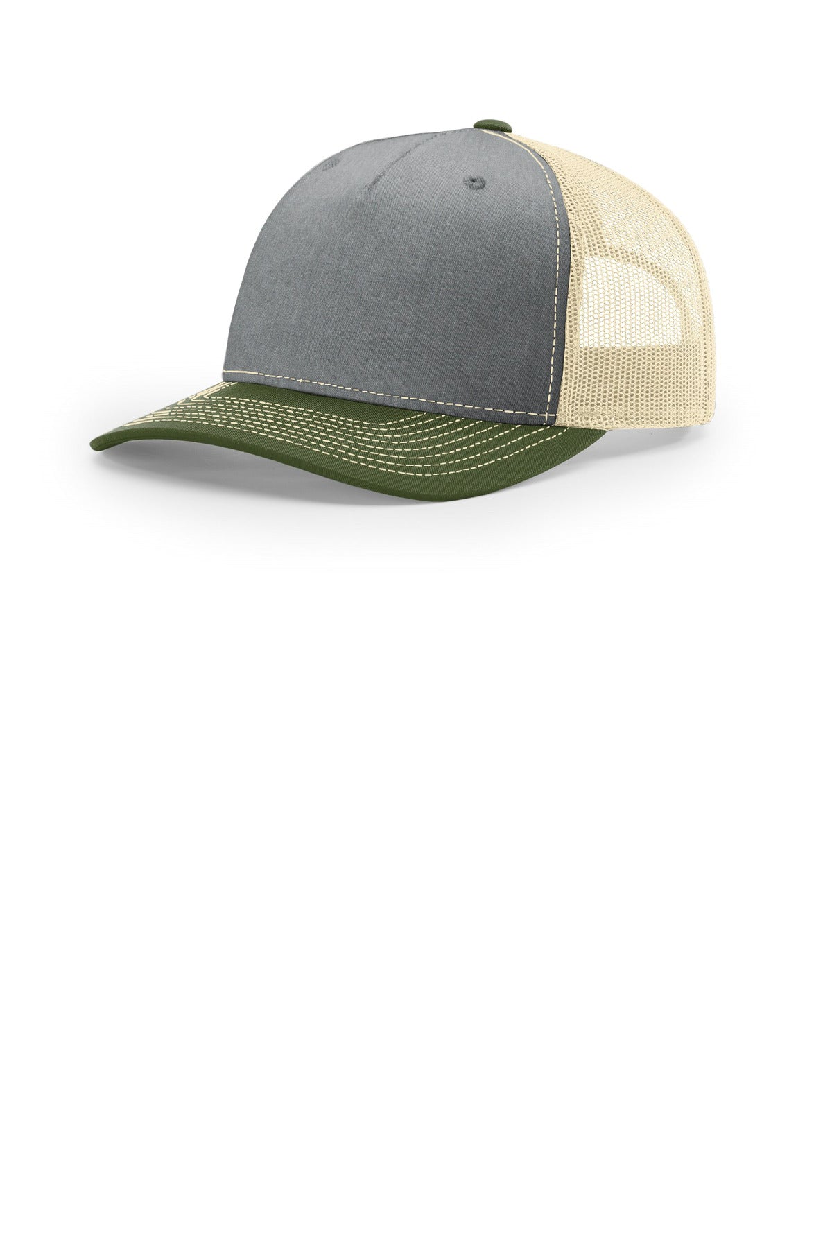 Custom logo Richardson Five-Panel Trucker 112FP in Heather Grey/ Birch/ Army Olive