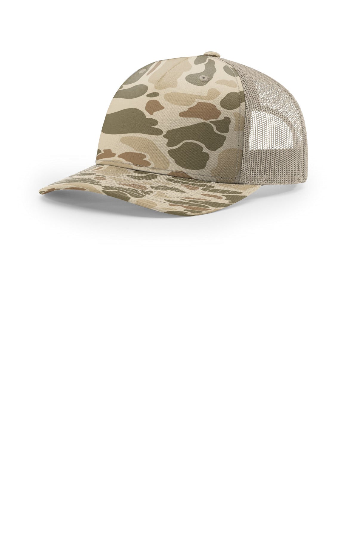 Custom logo Richardson Printed Five-Panel Trucker 112PFP in Harvest Duck Camo/ Light Tan