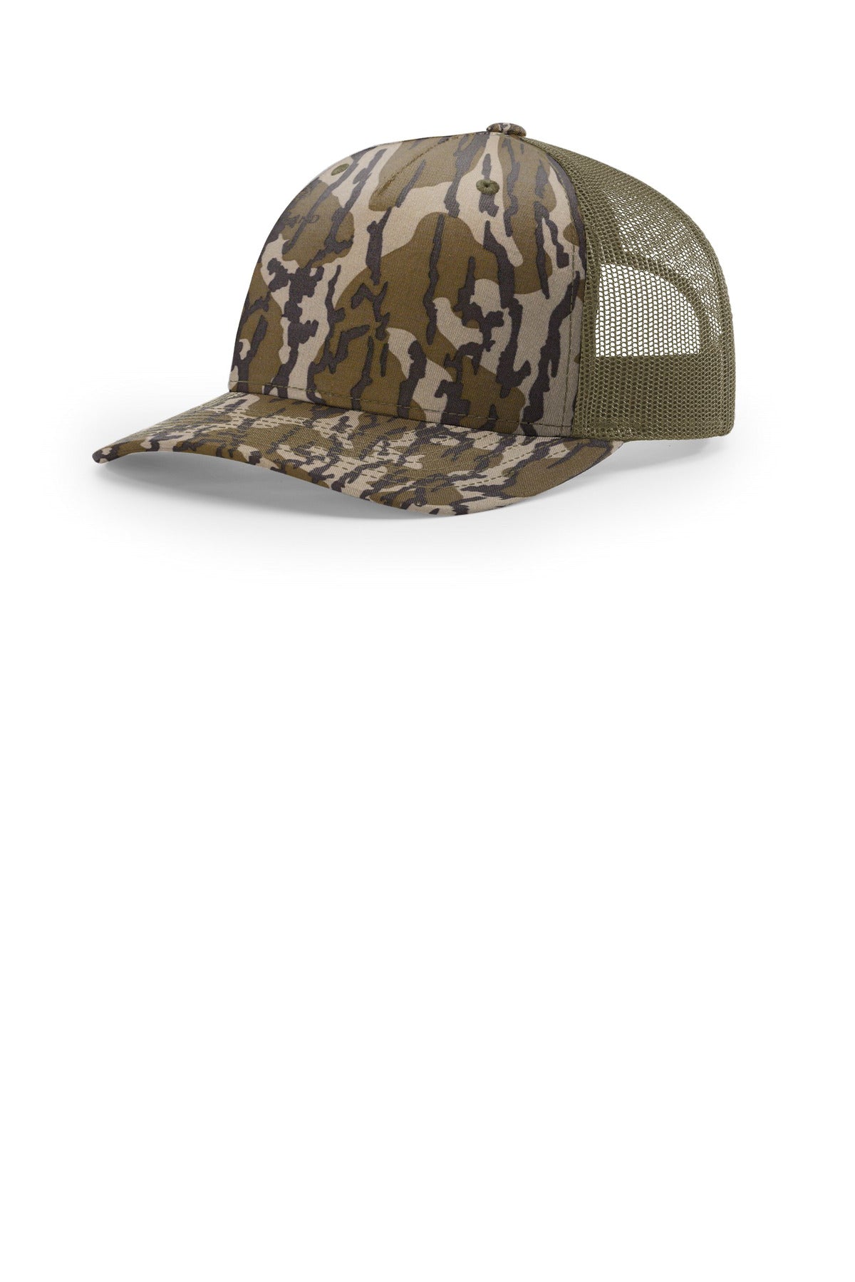 Custom logo Richardson Printed Five-Panel Trucker 112PFP in Mossy Oak Bottomland/ Loden