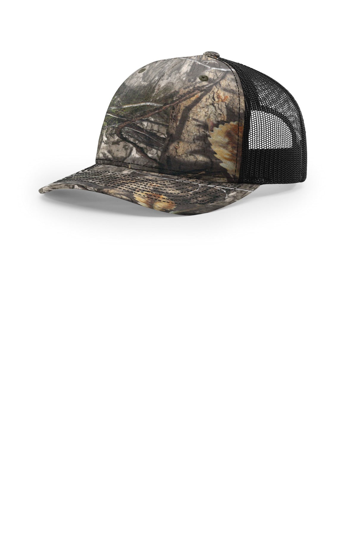 Custom logo Richardson Printed Five-Panel Trucker 112PFP in Mossy Oak Country DNA/ Black