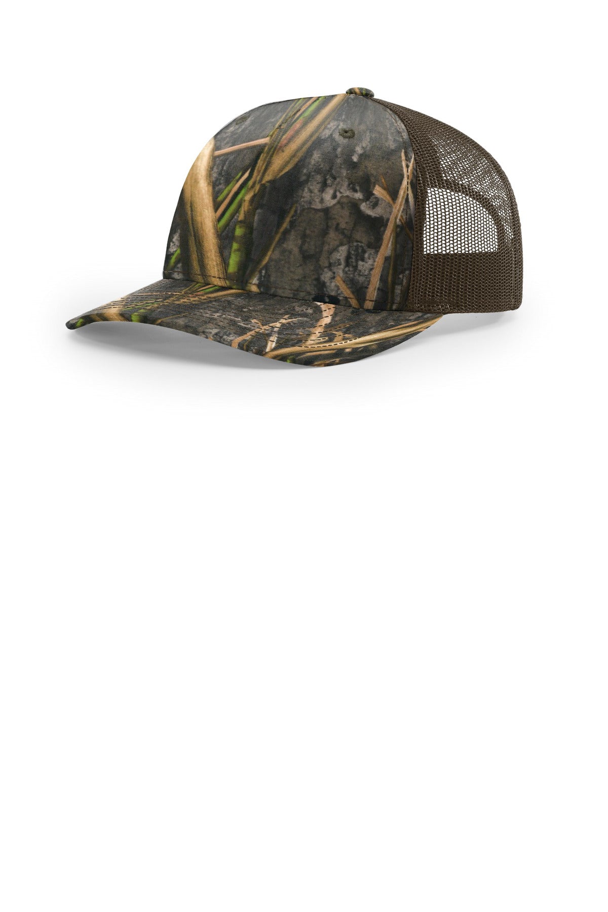 Custom logo Richardson Printed Five-Panel Trucker 112PFP in Mossy Oak Habitat/ Brown