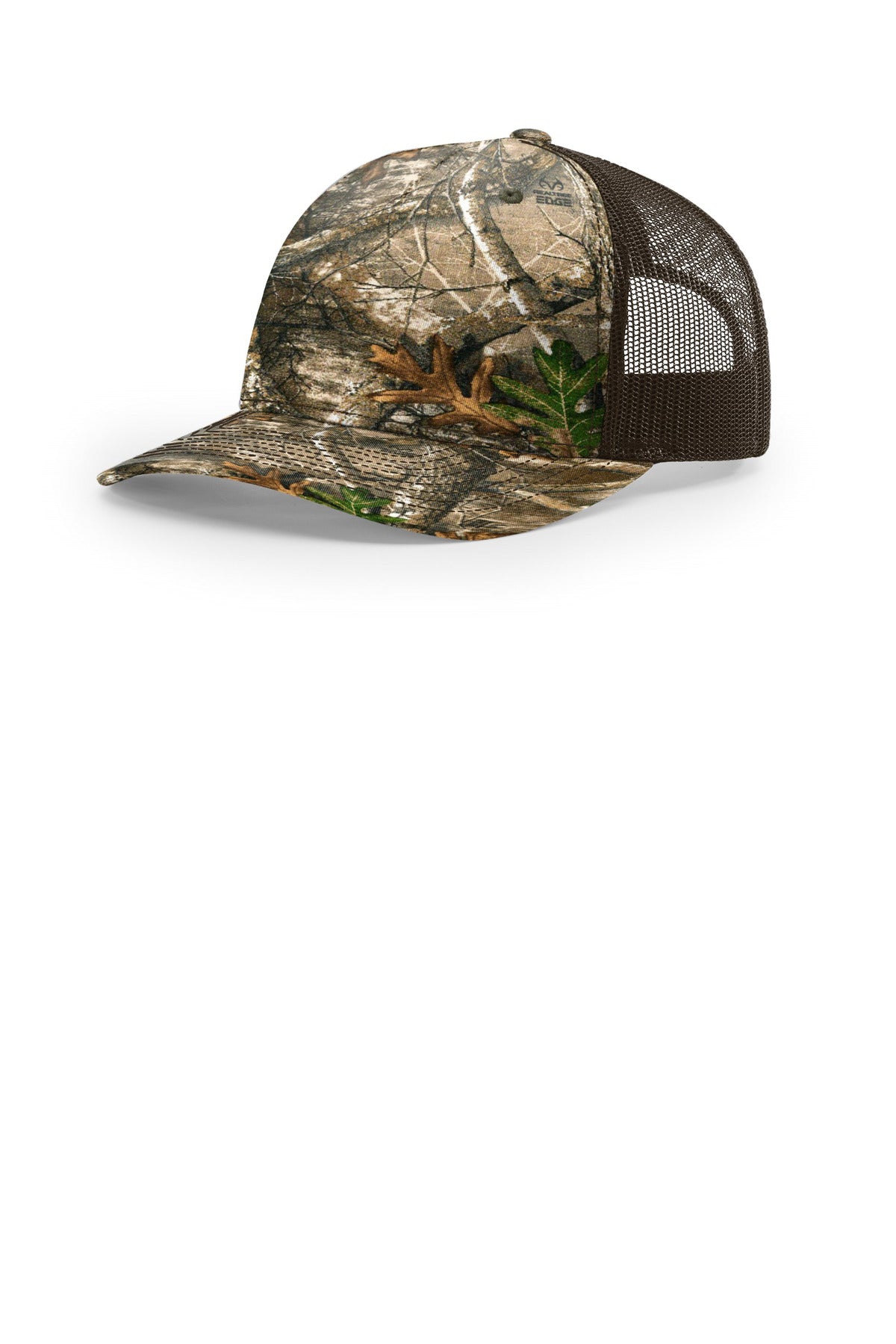 Custom logo Richardson Printed Five-Panel Trucker 112PFP in Realtree Edge/ Brown
