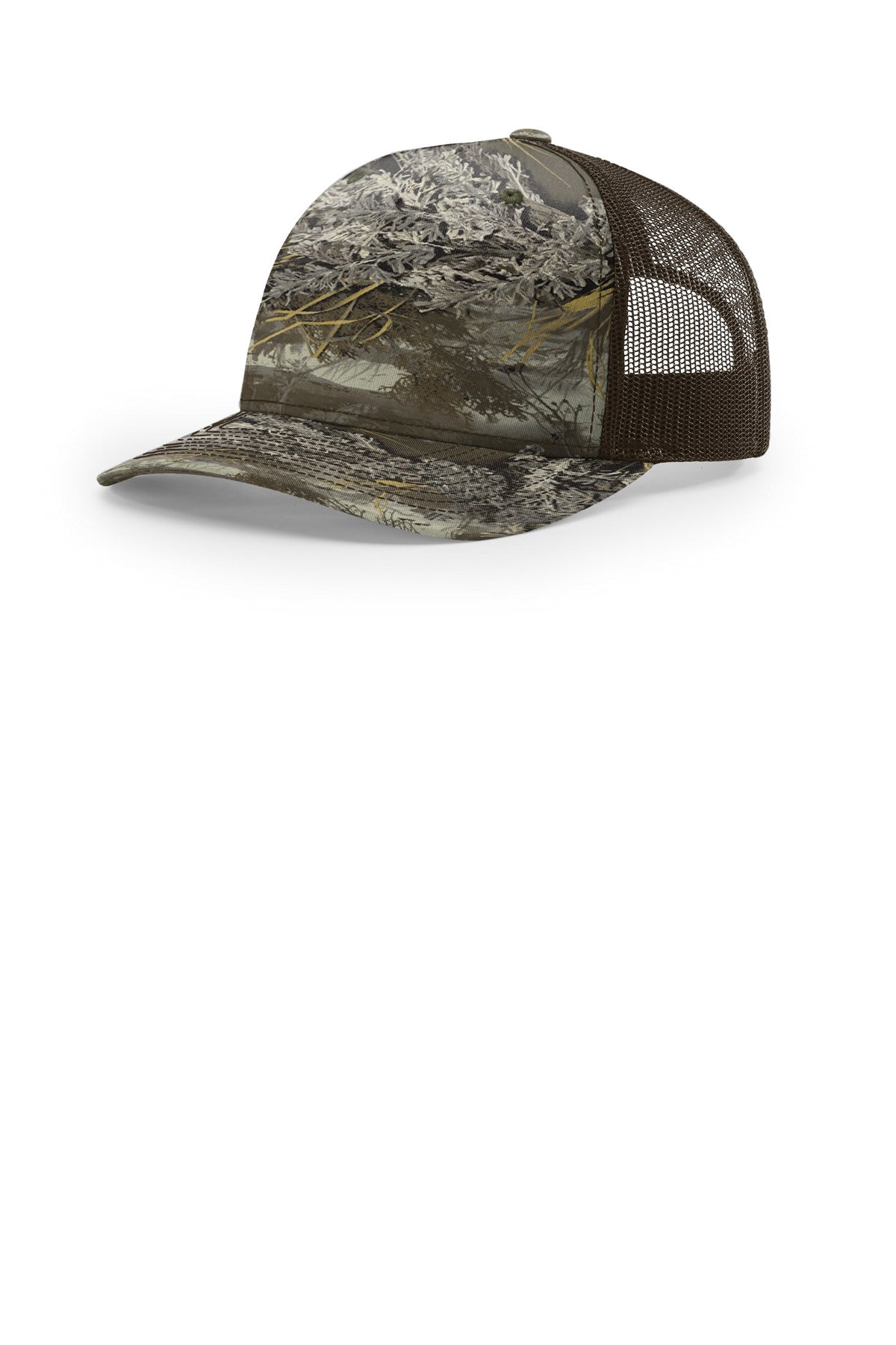 Custom logo Richardson Printed Five-Panel Trucker 112PFP in Realtree Max-1 Xt/ Brown
