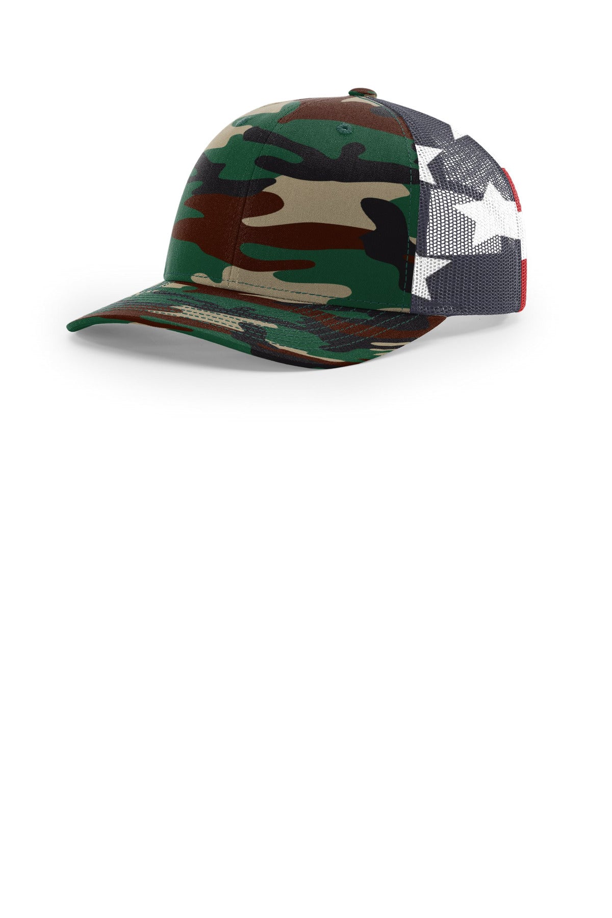 Custom logo Richardson Printed Mesh Trucker 112PM in Green Camo/ Stars Stripes