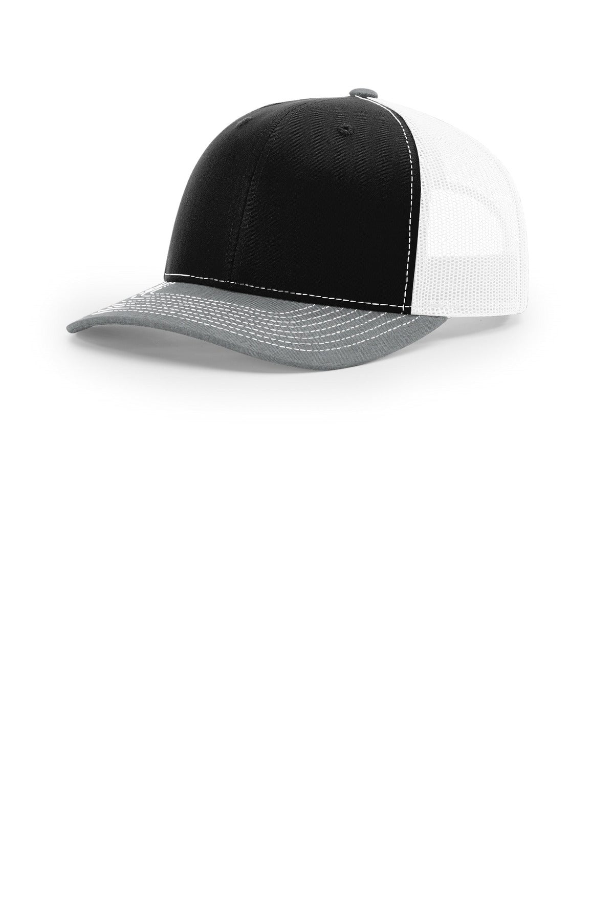 Custom logo Richardson Trucker Cap 112 in Black/ White/ Heather Grey