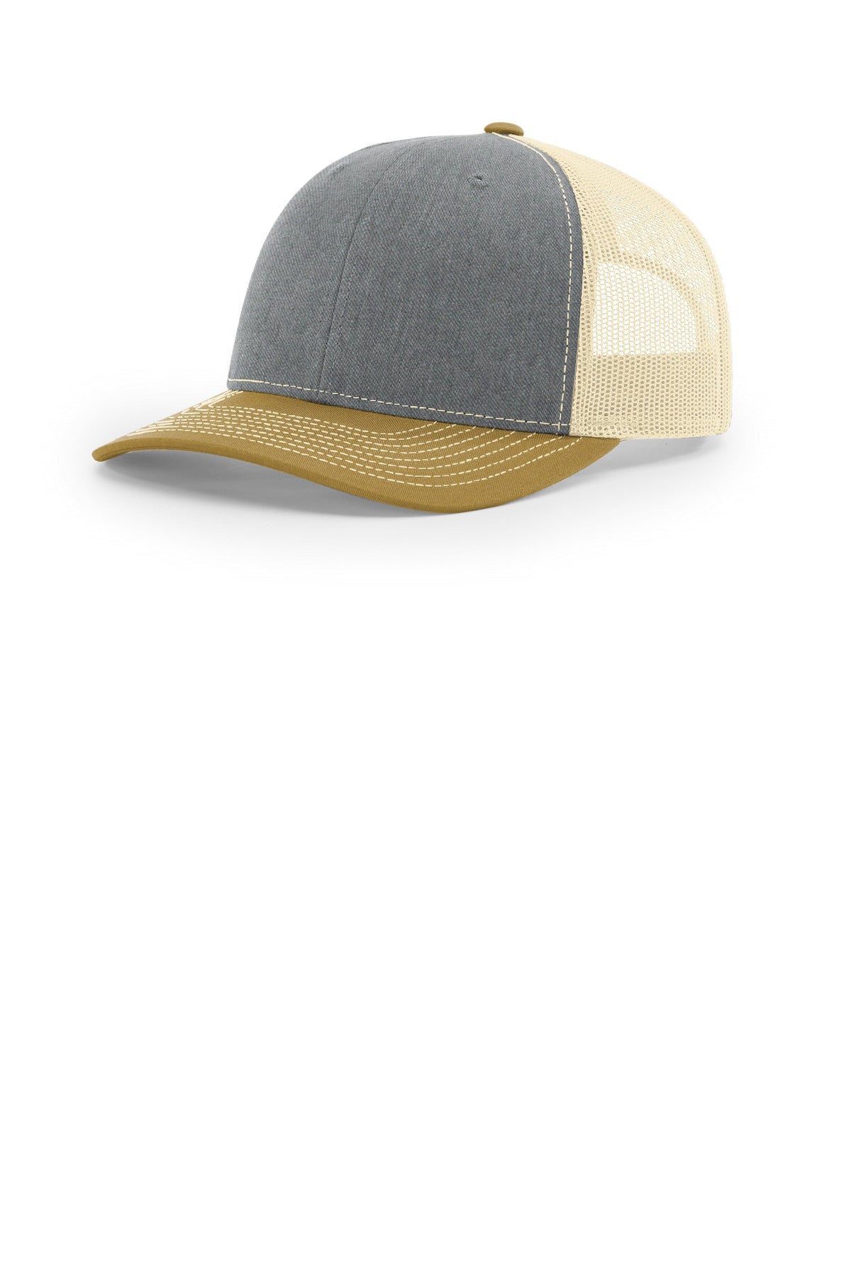 Custom logo Richardson Trucker Cap 112 in Heather Grey/ Birch/ Amber Gold