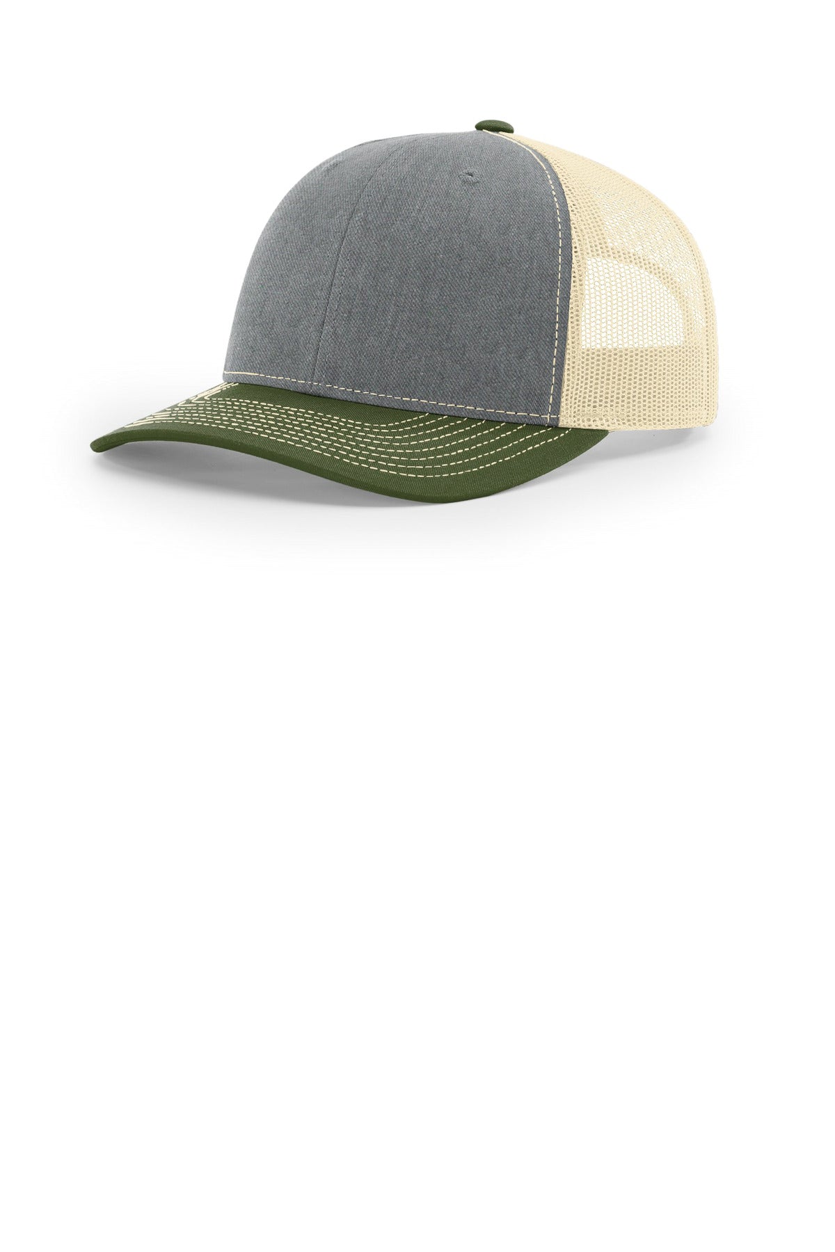 Custom logo Richardson Trucker Cap 112 in Heather Grey/ Birch/ Army Olive