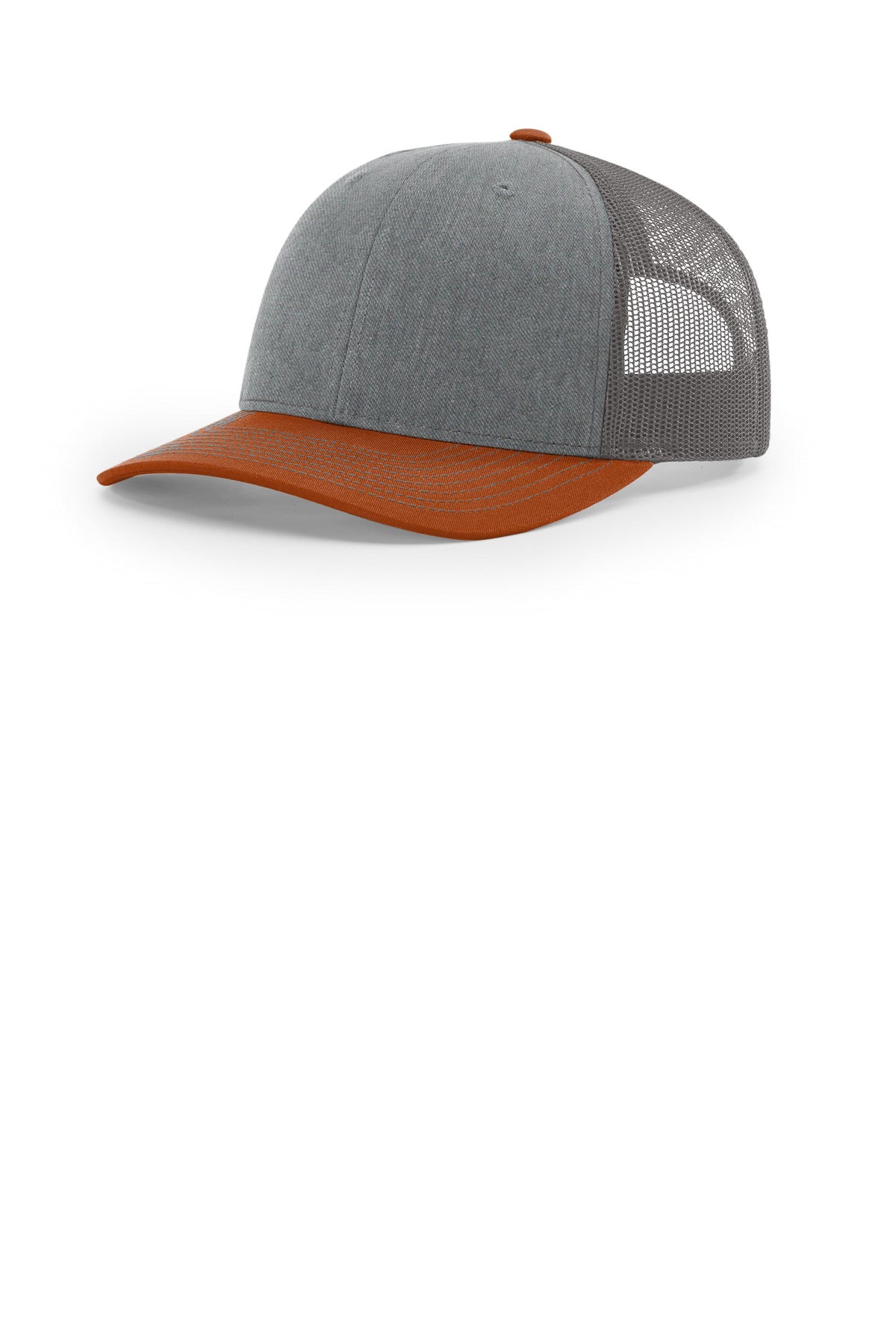 Custom logo Richardson Trucker Cap 112 in Heather Grey/ Charcoal/ Dark Orange