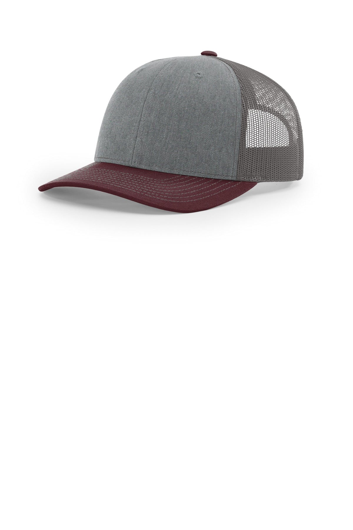 Custom logo Richardson Trucker Cap 112 in Heather Grey/ Charcoal/ Maroon