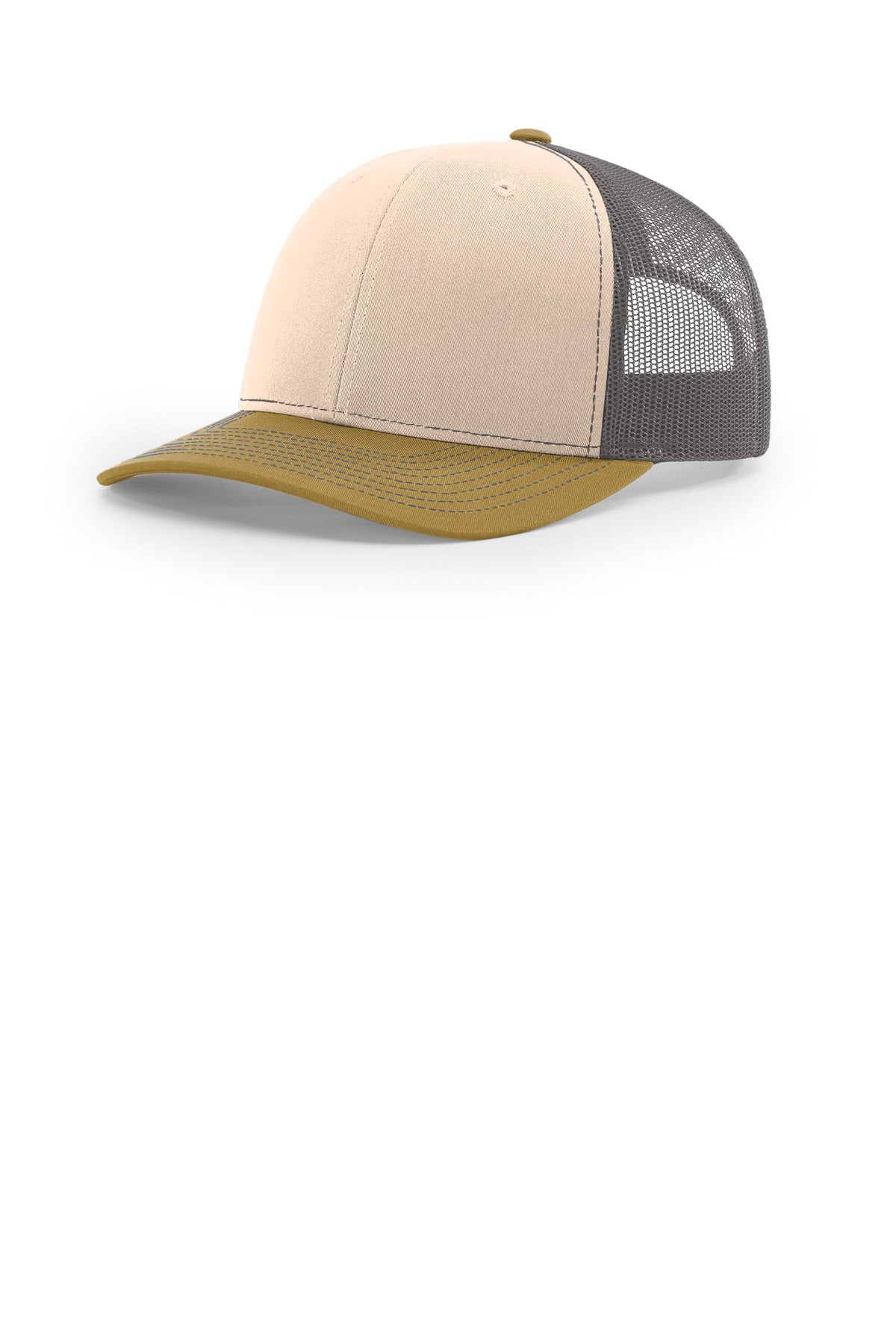 Custom logo Richardson Trucker Cap 112 in Mink Beige/ Charcoal/ Amber Gold