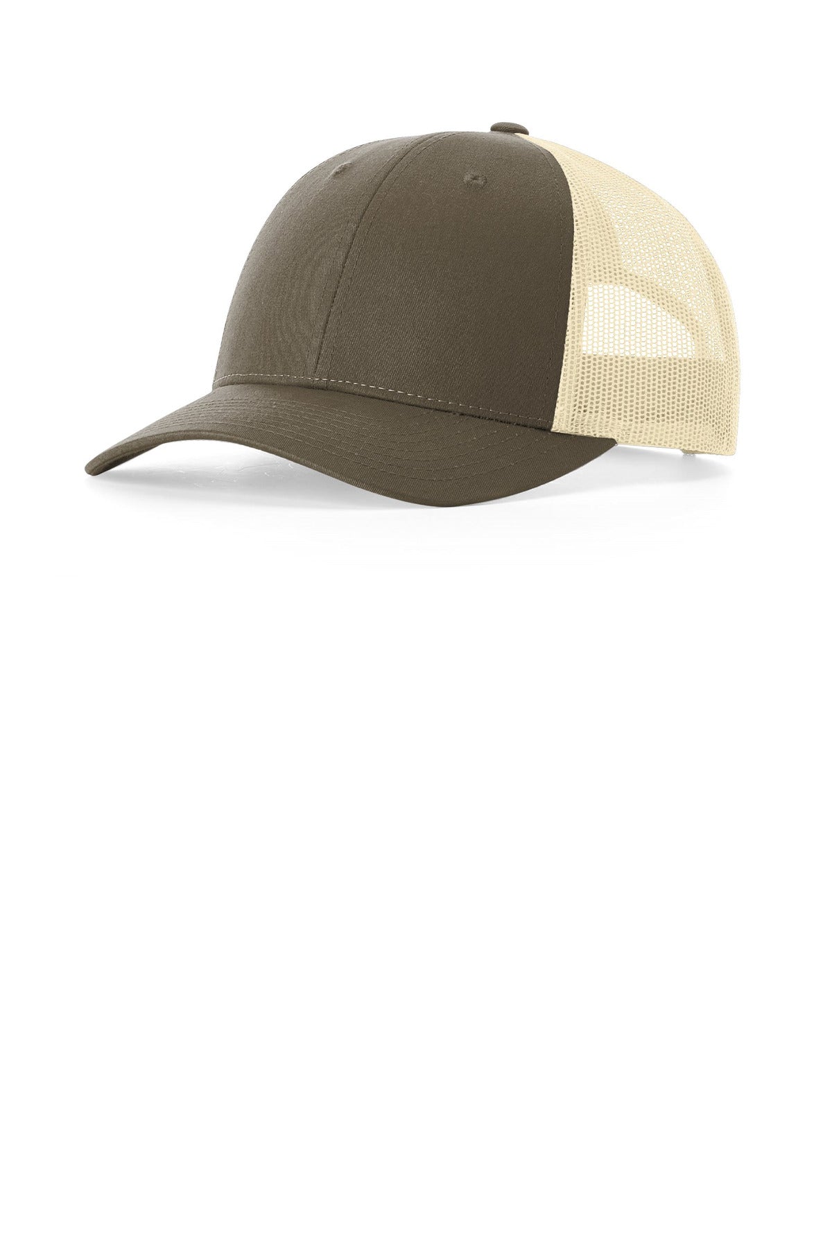 Custom logo Richardson Low Pro Trucker 115 in Chocolate Chip/ Birch
