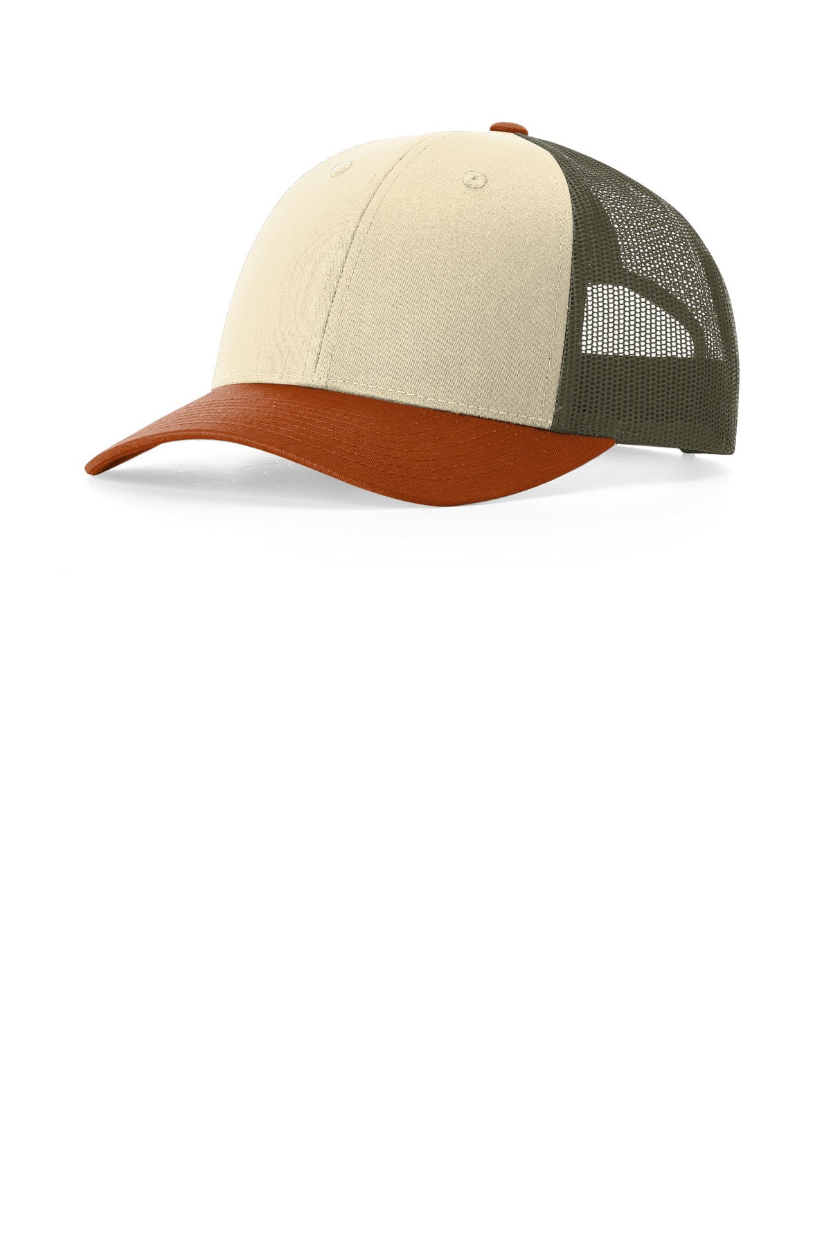 Custom logo Richardson Low Pro Trucker 115 in Cream/ Loden/ Dark Orange
