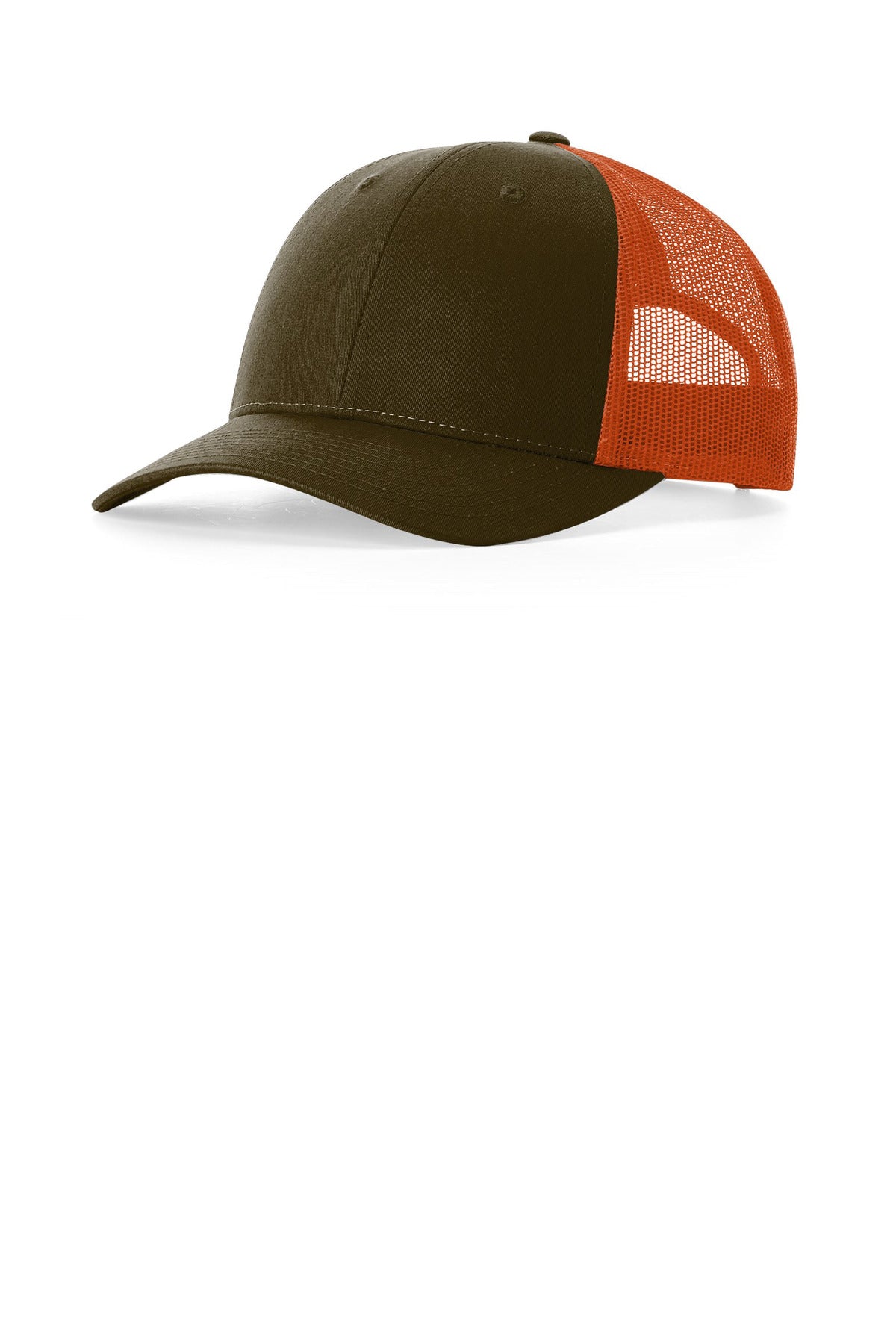 Custom logo Richardson Low Pro Trucker 115 in Dark Loden/ Jaffa Orange