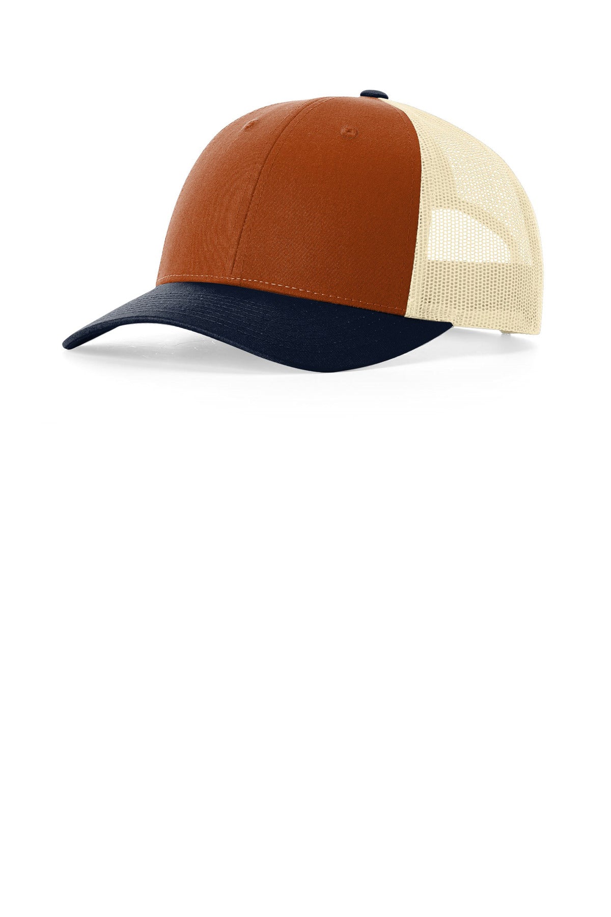 Custom logo Richardson Low Pro Trucker 115 in Dark Orange/ Birch/ Patriot Blue