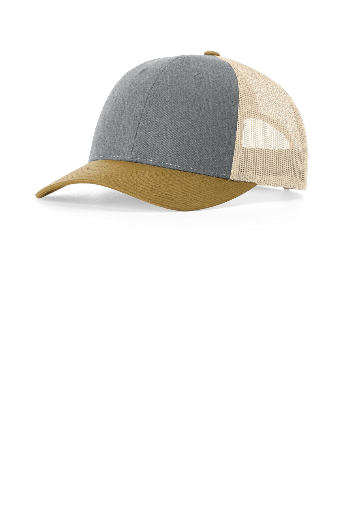 Custom logo Richardson Low Pro Trucker 115 in Heather Grey/ Birch/ Amber Gold