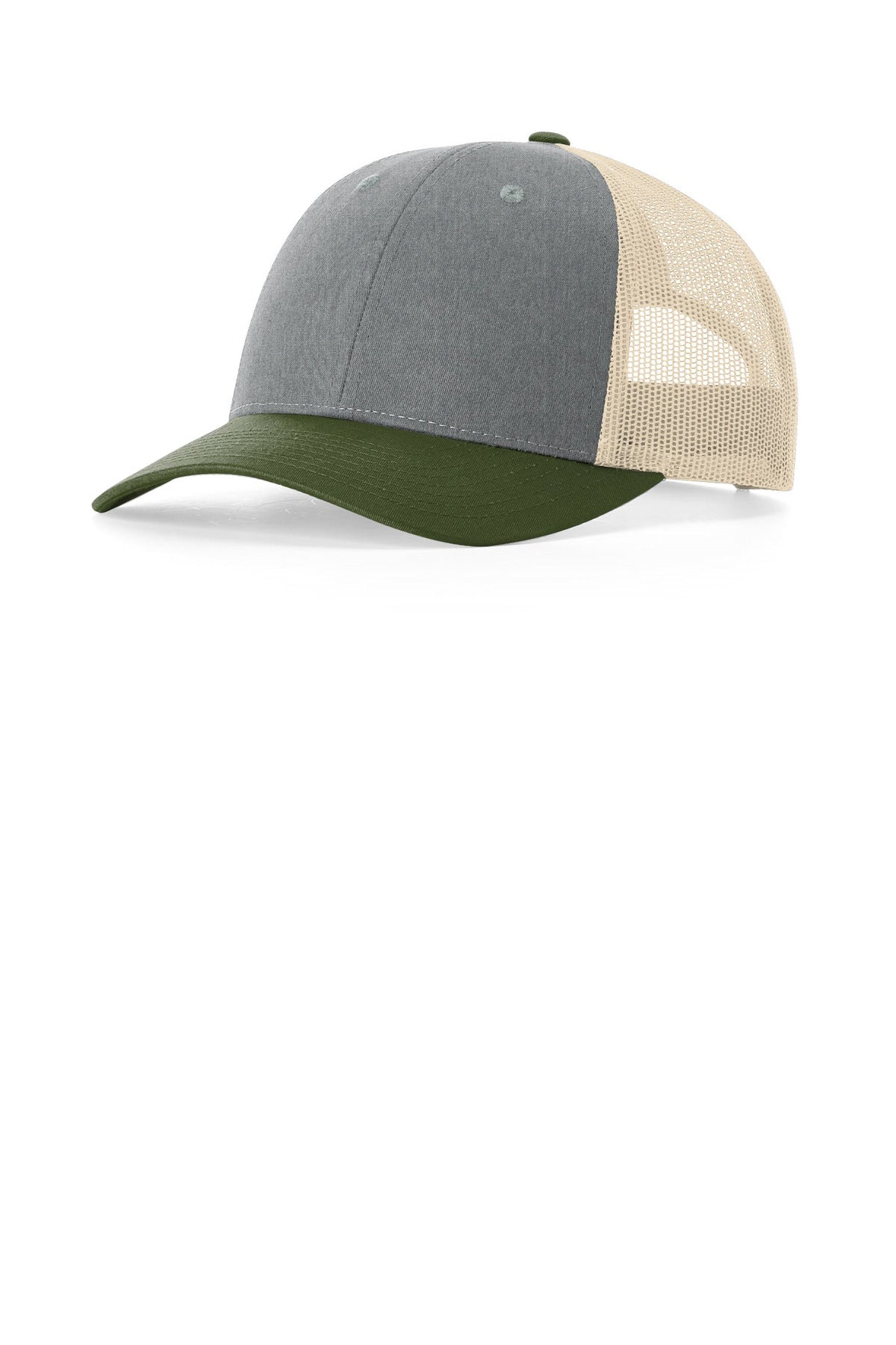 Custom logo Richardson Low Pro Trucker 115 in Heather Grey/ Birch/ Army Olive