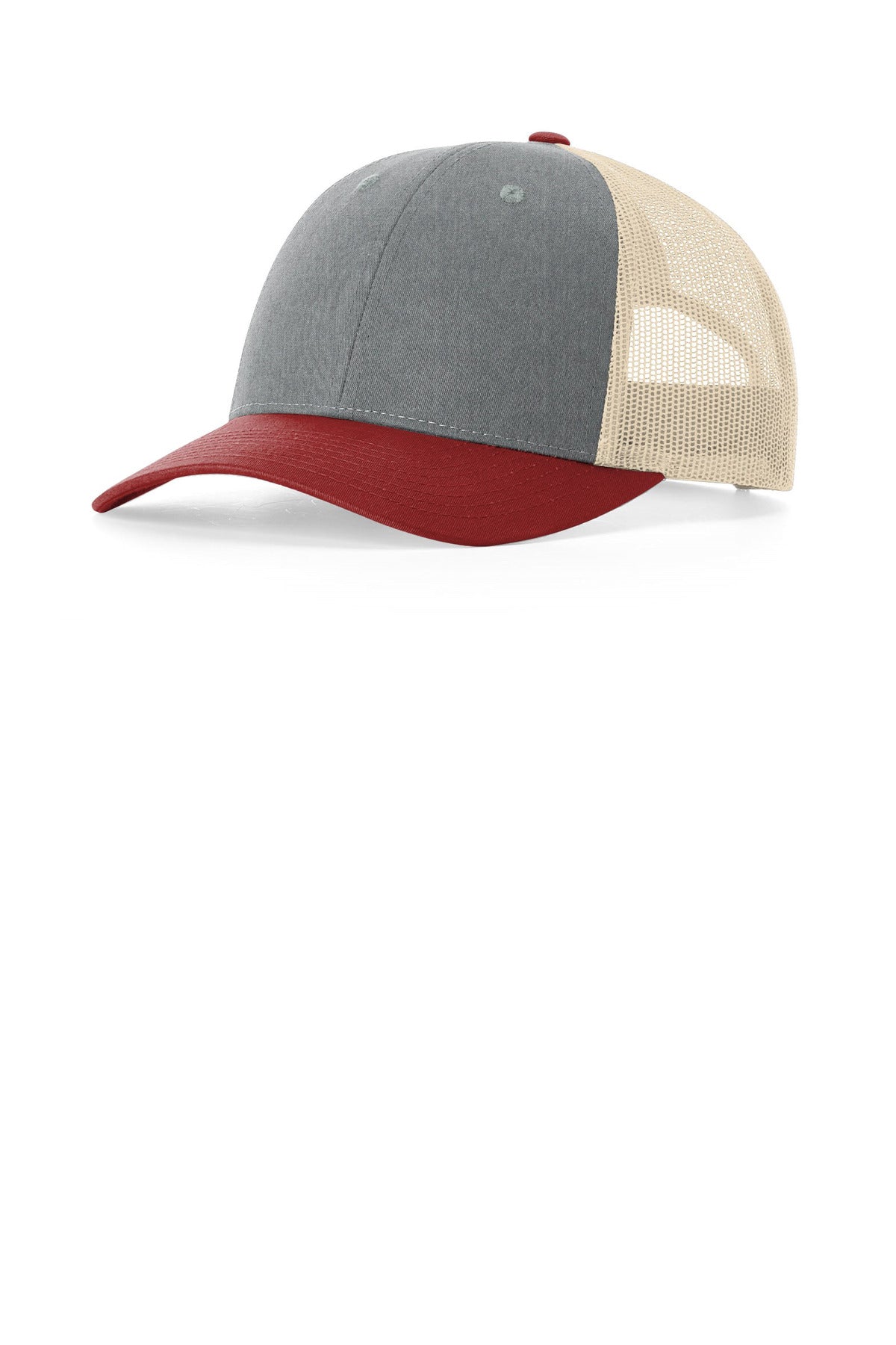 Custom logo Richardson Low Pro Trucker 115 in Heather Grey/ Birch/ Cardinal