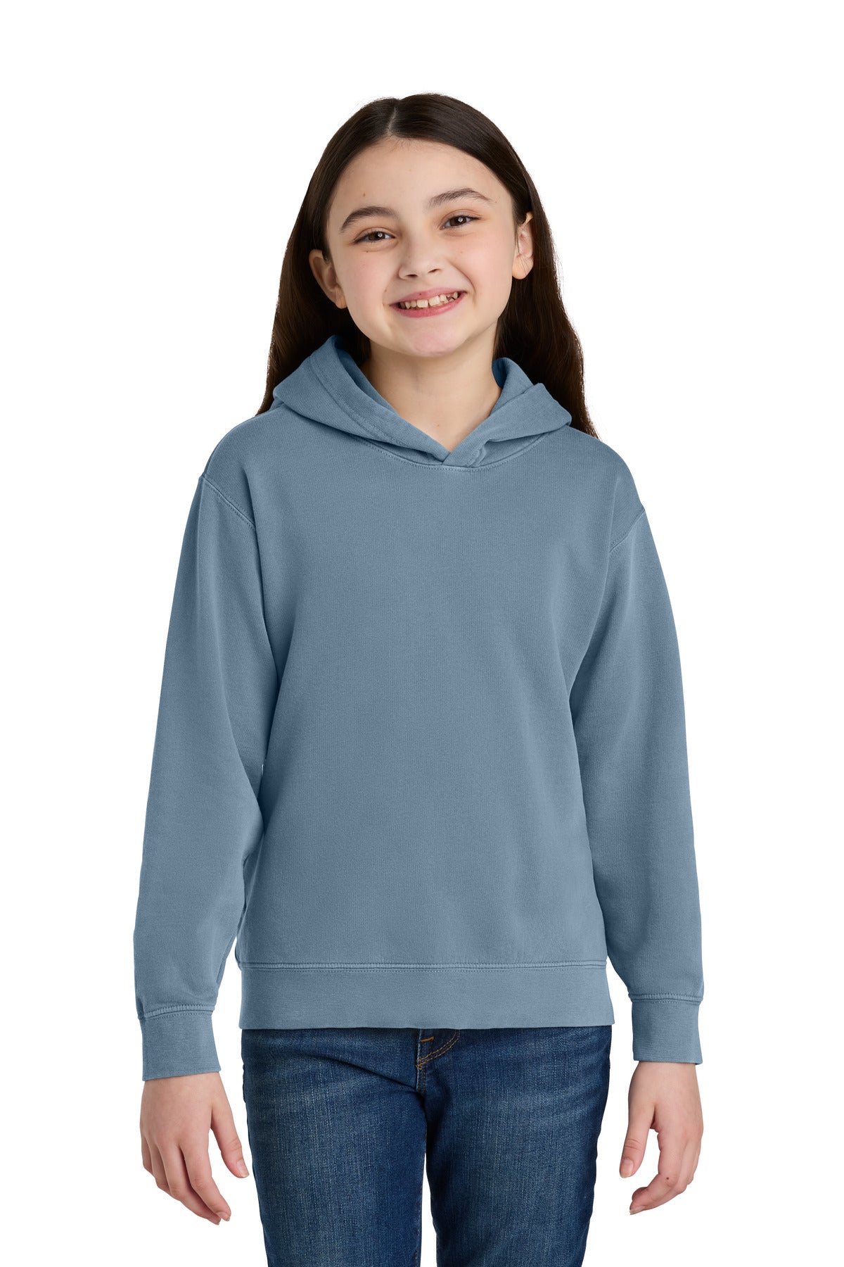Custom logo Comfort Colors® Youth Lightweight Hooded Sweatshirt 1467Y in Blue Jean