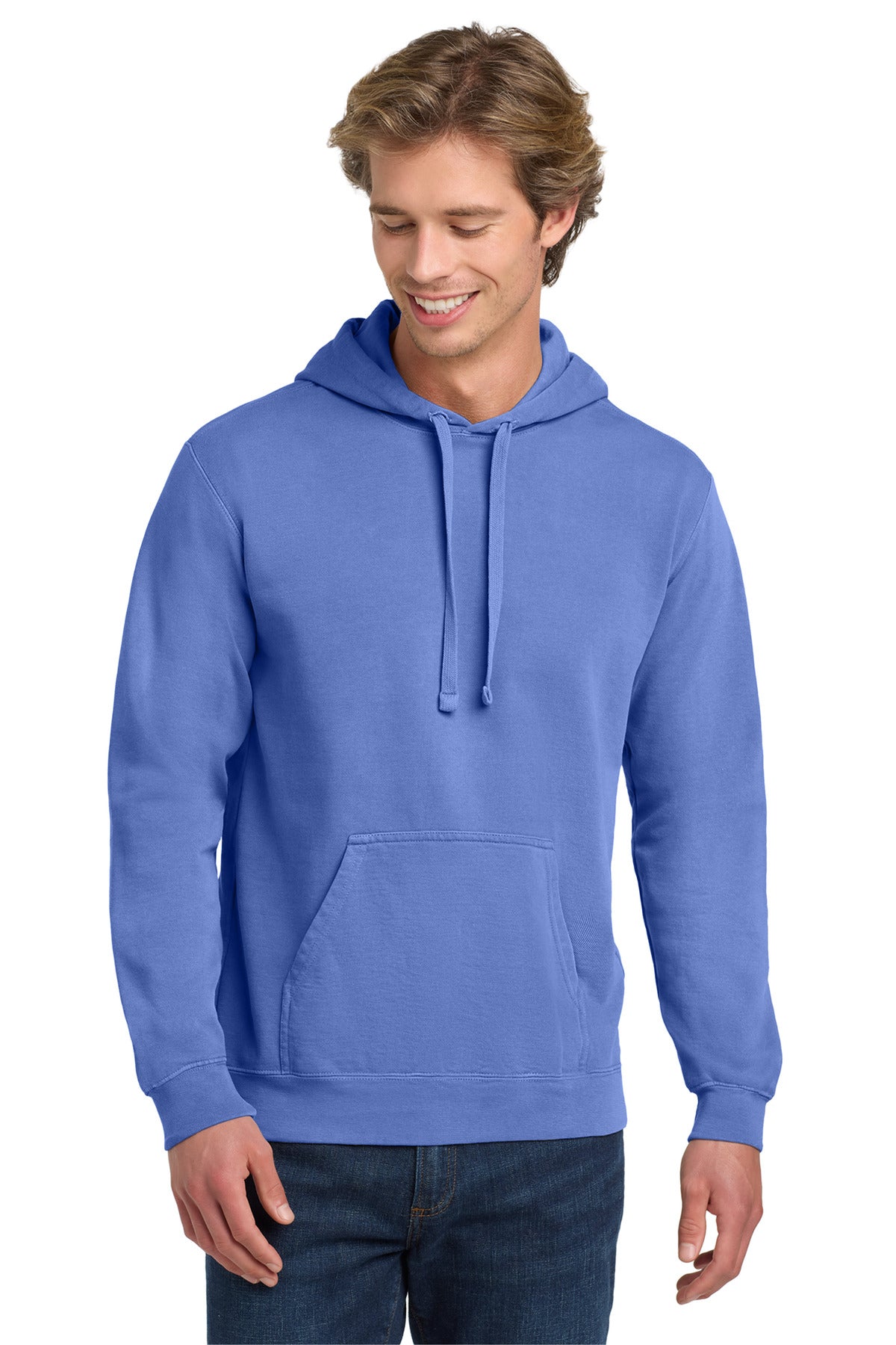 Custom logo COMFORT COLORS ® Ring Spun Hooded Sweatshirt. 1567 in Flo Blue
