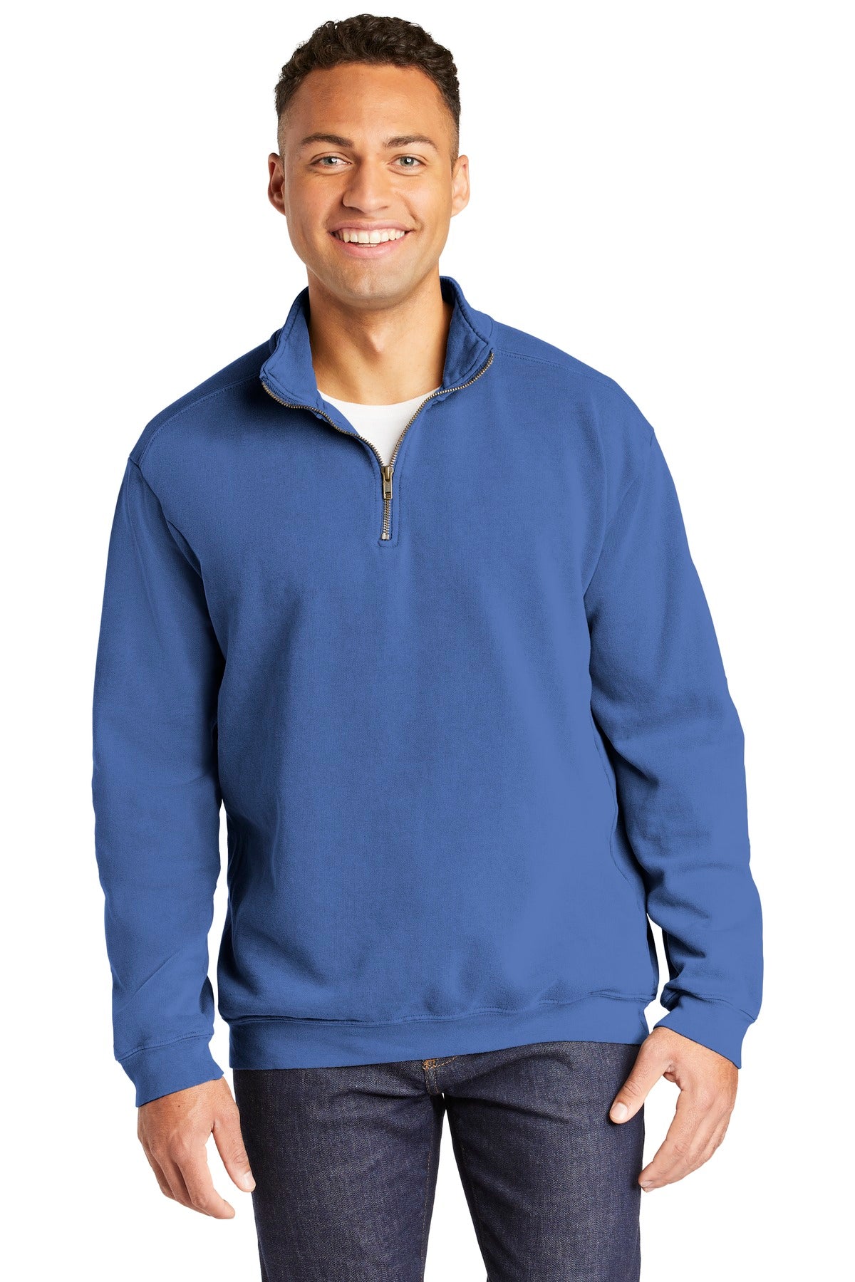 Custom logo COMFORT COLORS ® Ring Spun 1/4-Zip Sweatshirt. 1580 in Flo Blue