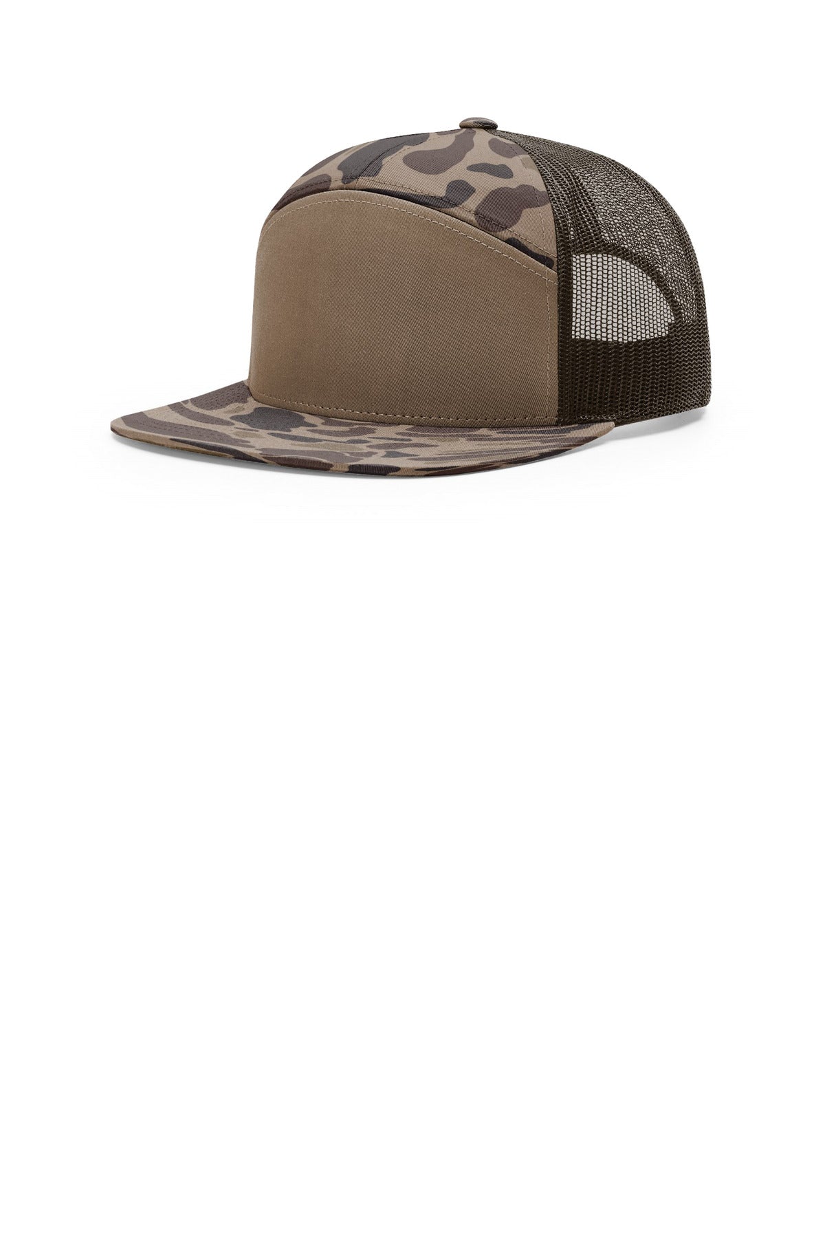 Custom logo Richardson Printed 7-Panel Trucker 168P in Bark Duck Camo/ Brown