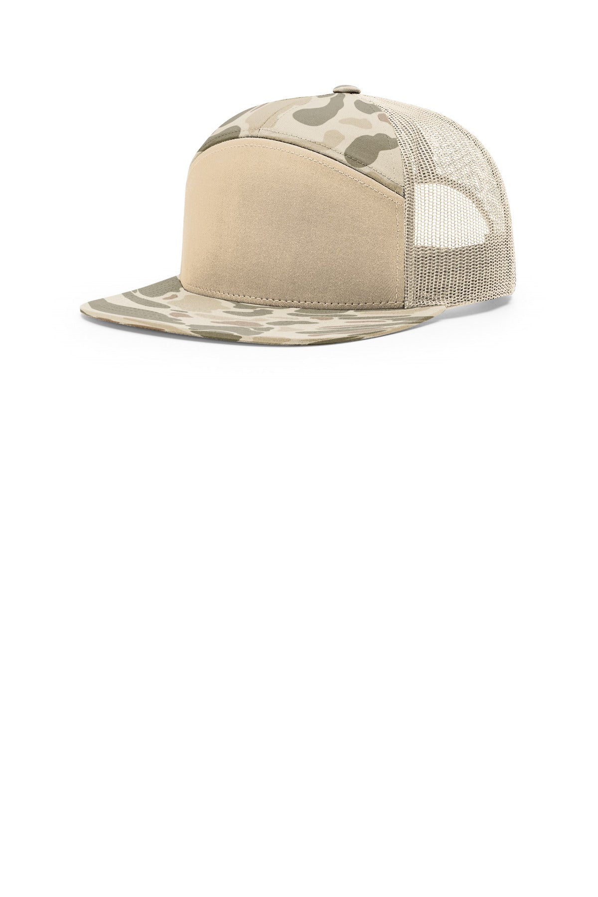 Custom logo Richardson Printed 7-Panel Trucker 168P in Harvest Duck Camo/ Sandstone