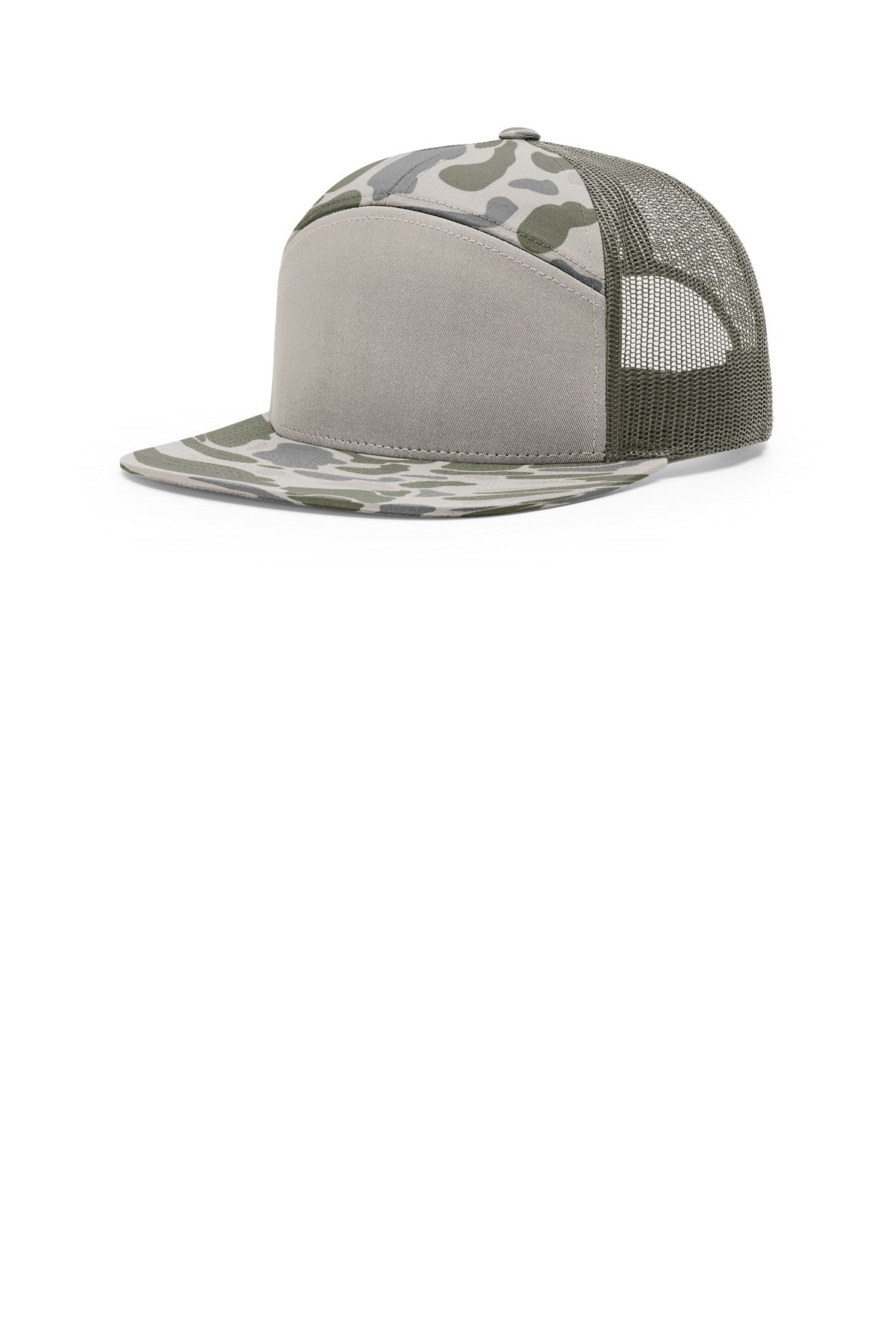 Custom logo Richardson Printed 7-Panel Trucker 168P in Marsh Duck Camo/ Loden