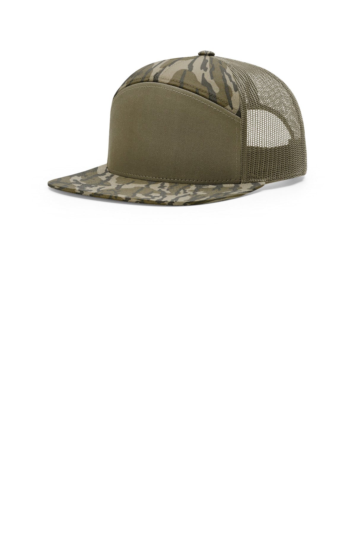 Custom logo Richardson Printed 7-Panel Trucker 168P in Mossy Oak Bottomland/ Loden