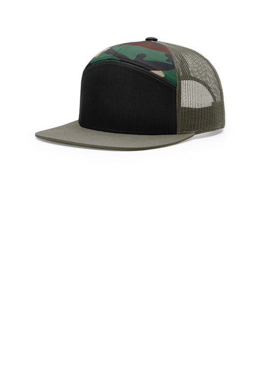 Custom logo Richardson 7-Panel Trucker 168 in Black/ Green Camo/ Loden