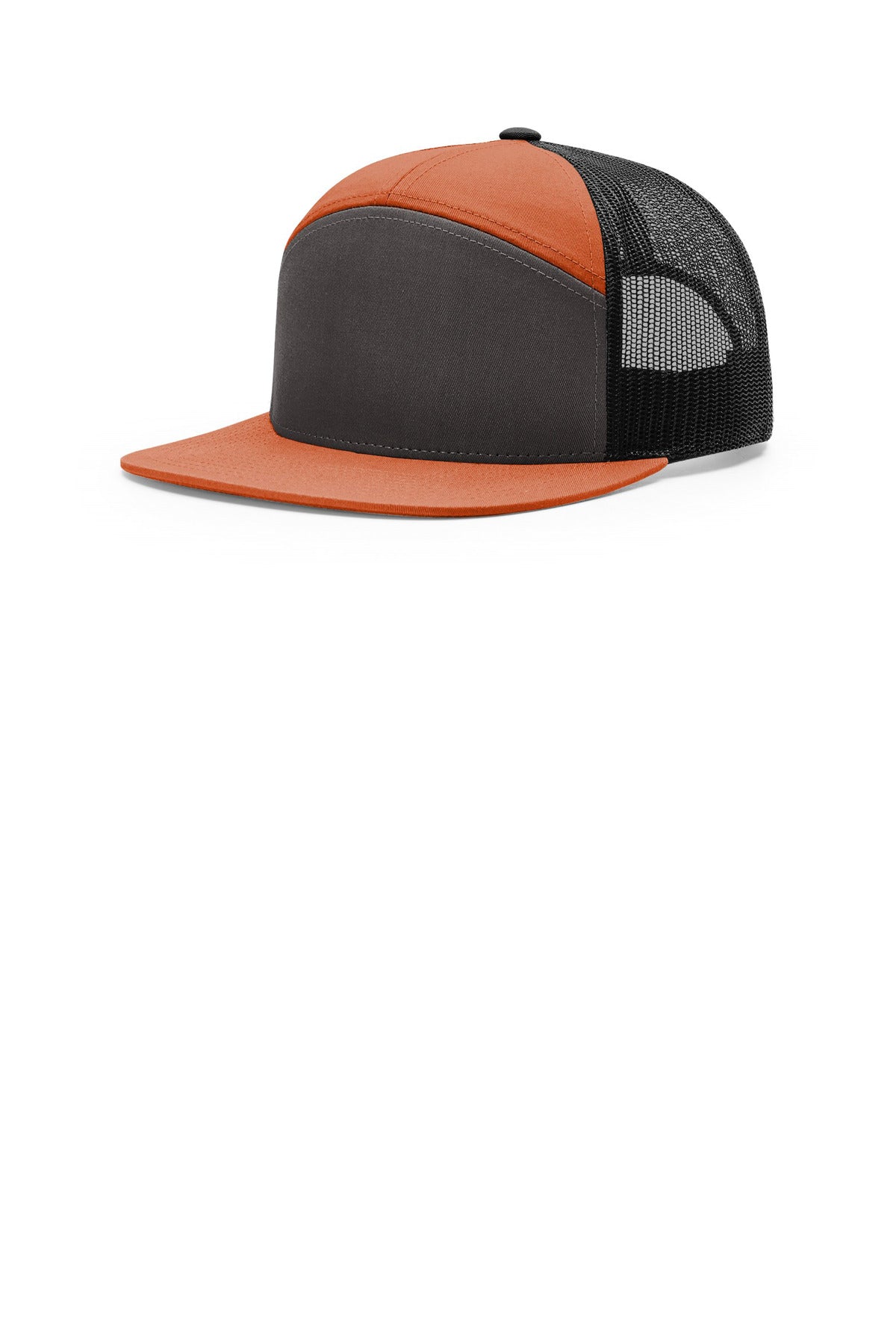 Custom logo Richardson 7-Panel Trucker 168 in Charcoal/ Burnt Orange/ Black
