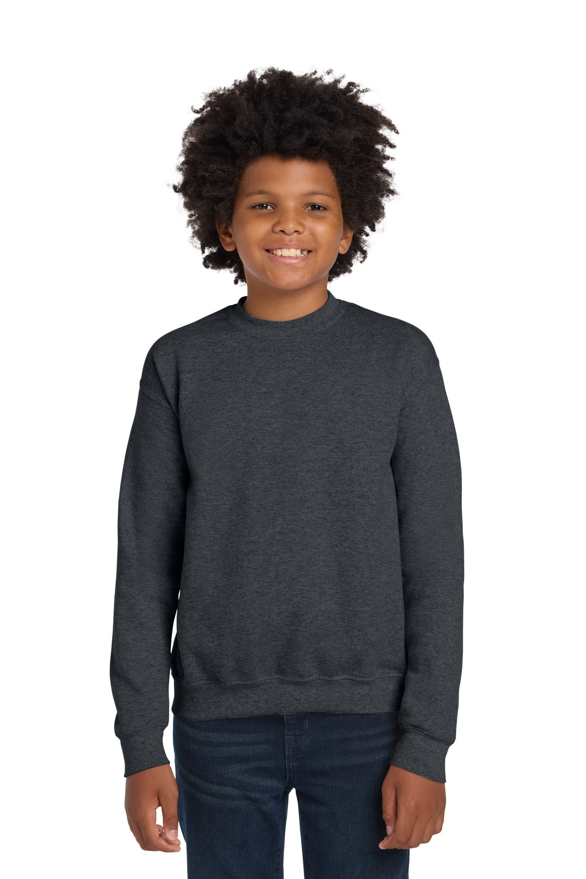Custom logo Gildan® Youth Heavy Blend™ Crewneck Sweatshirt.  18000B in Dark Heather