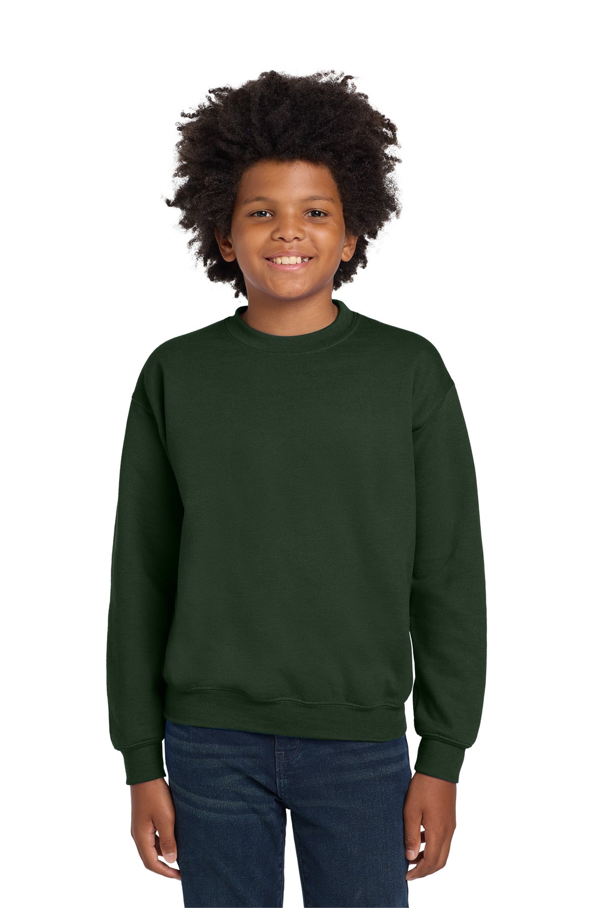 Custom logo Gildan® Youth Heavy Blend™ Crewneck Sweatshirt.  18000B in Forest Green