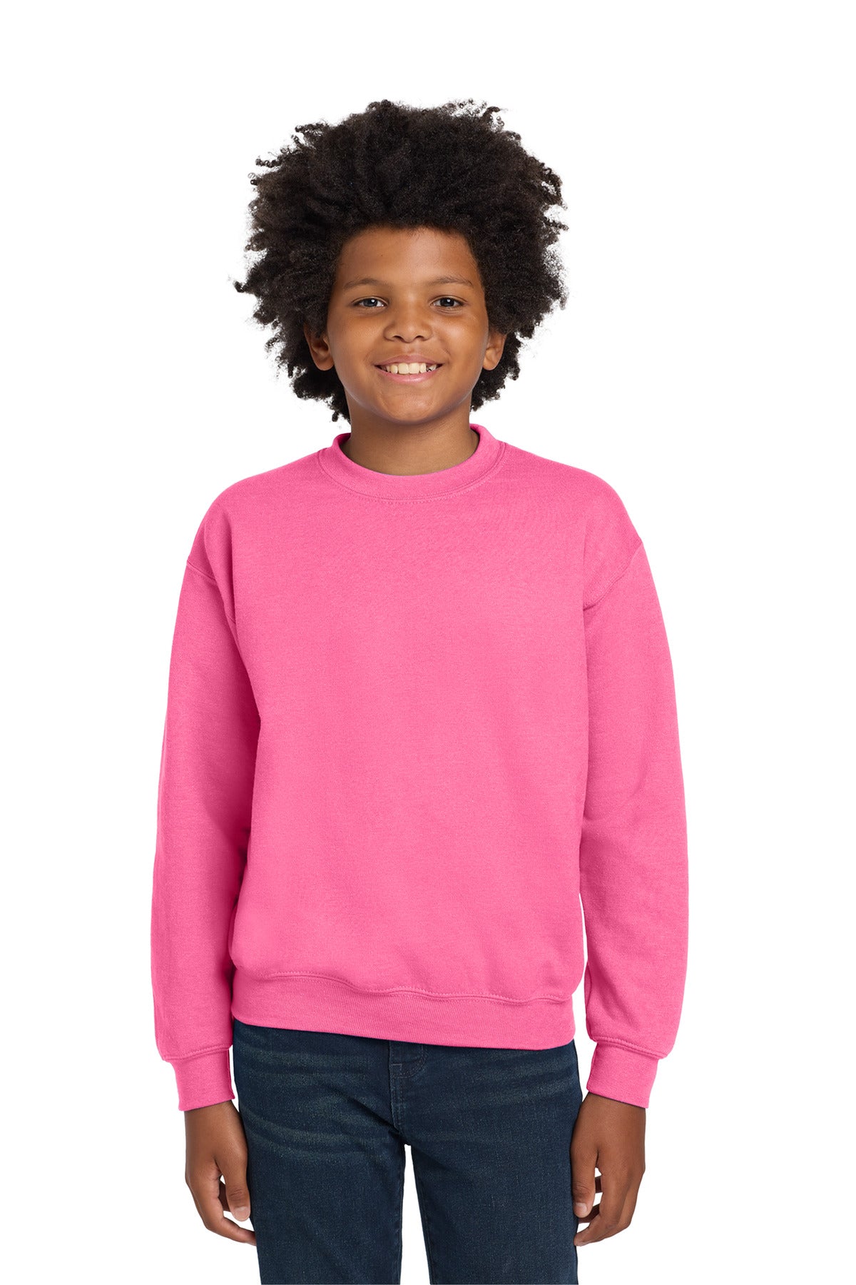 Custom logo Gildan® Youth Heavy Blend™ Crewneck Sweatshirt.  18000B in Safety Pink