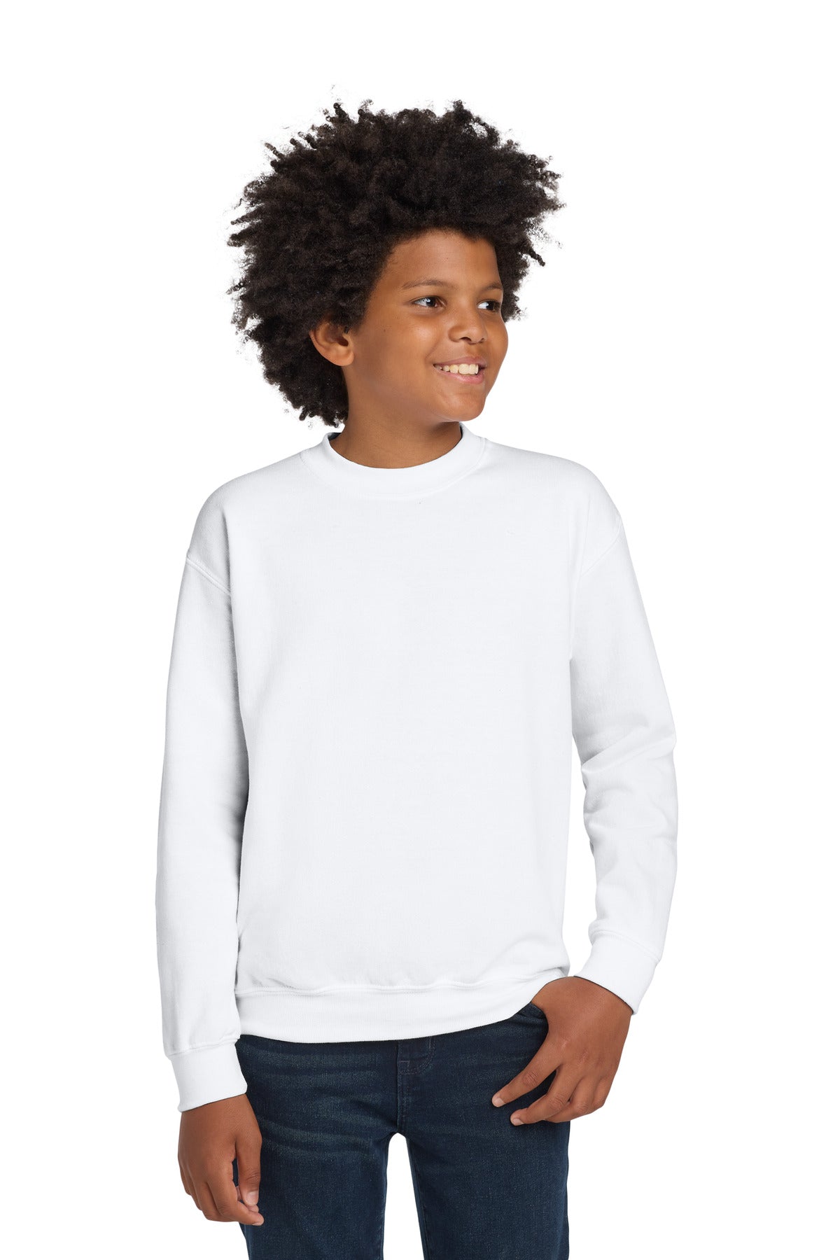 Custom logo Gildan® Youth Heavy Blend™ Crewneck Sweatshirt.  18000B in White