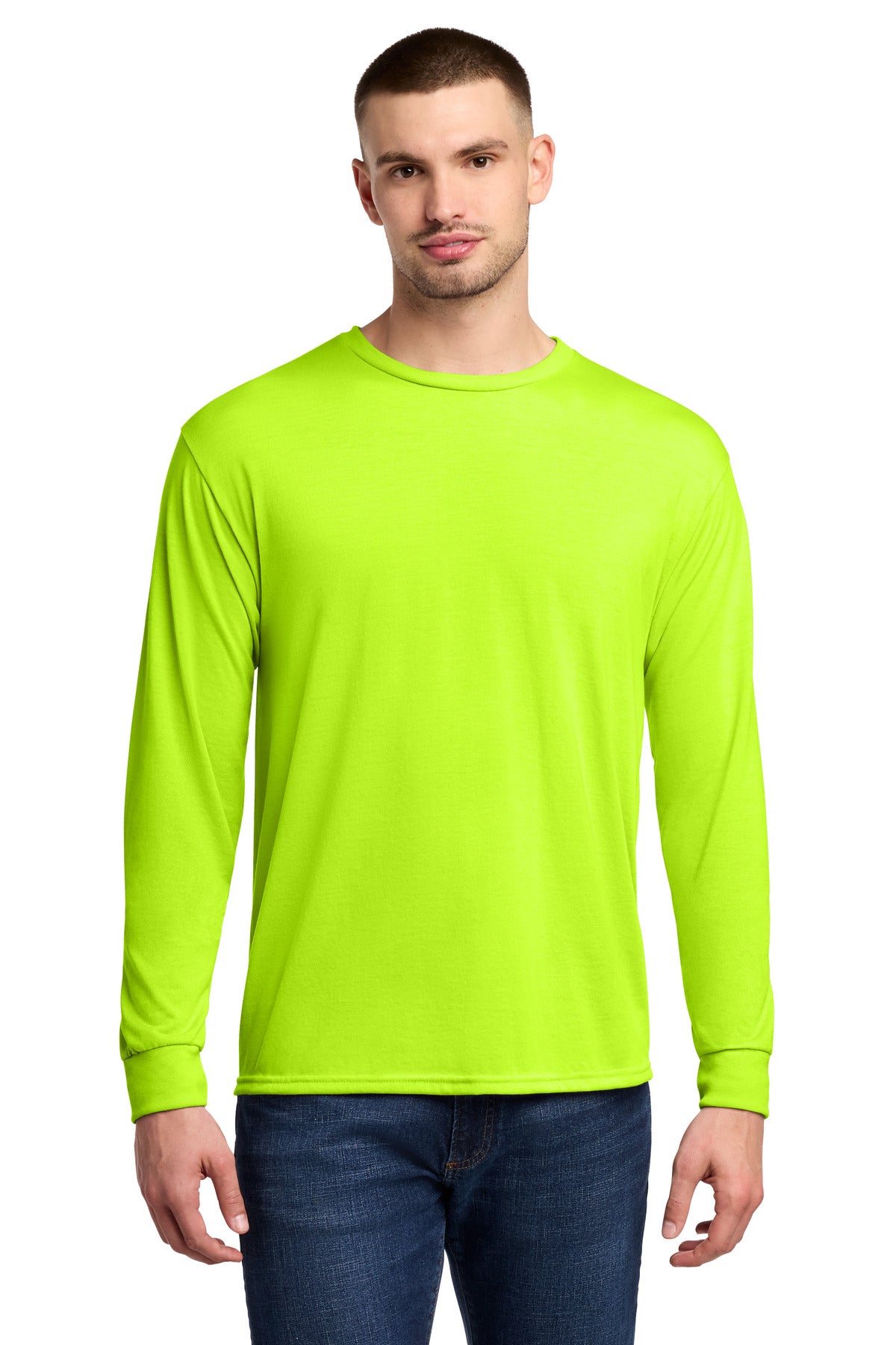Custom logo Jerzees® Dri-Power® 100% Polyester Long Sleeve T-Shirt 21LS in Safety Green