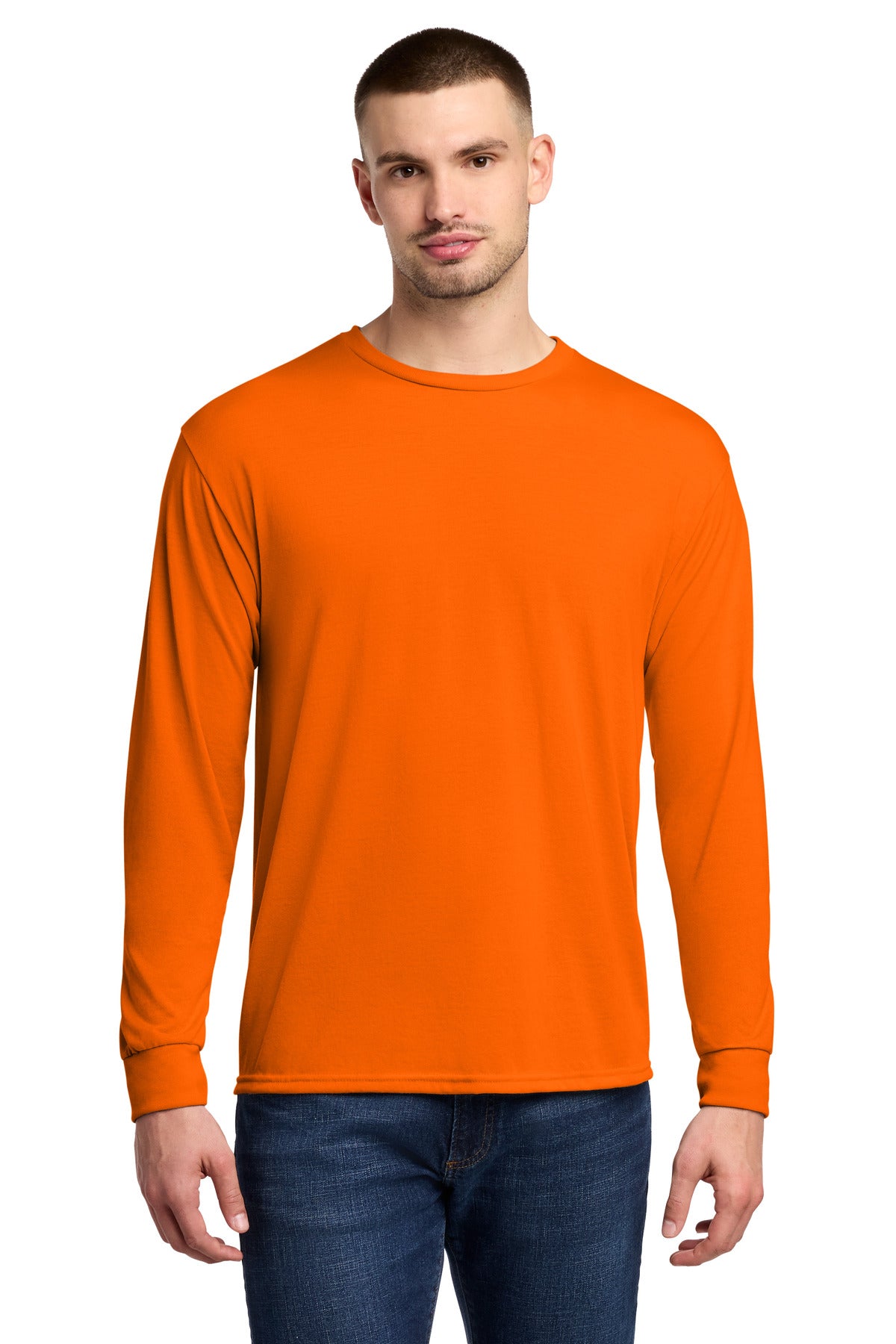 Custom logo Jerzees® Dri-Power® 100% Polyester Long Sleeve T-Shirt 21LS in Safety Orange