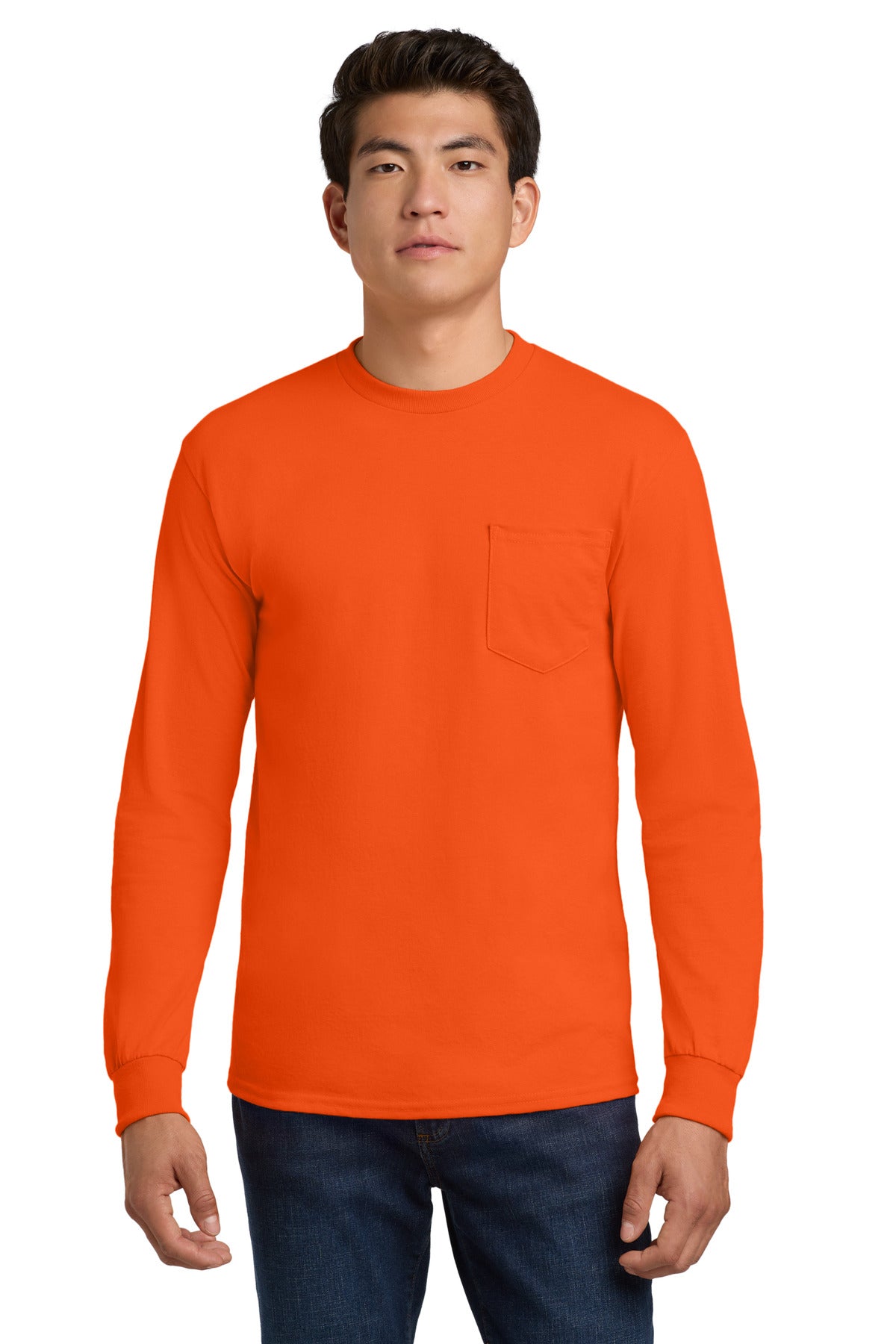 Custom logo Gildan® - Ultra Cotton® 100% US Cotton Long Sleeve T-Shirt with Pocket.  2410 in S. Orange