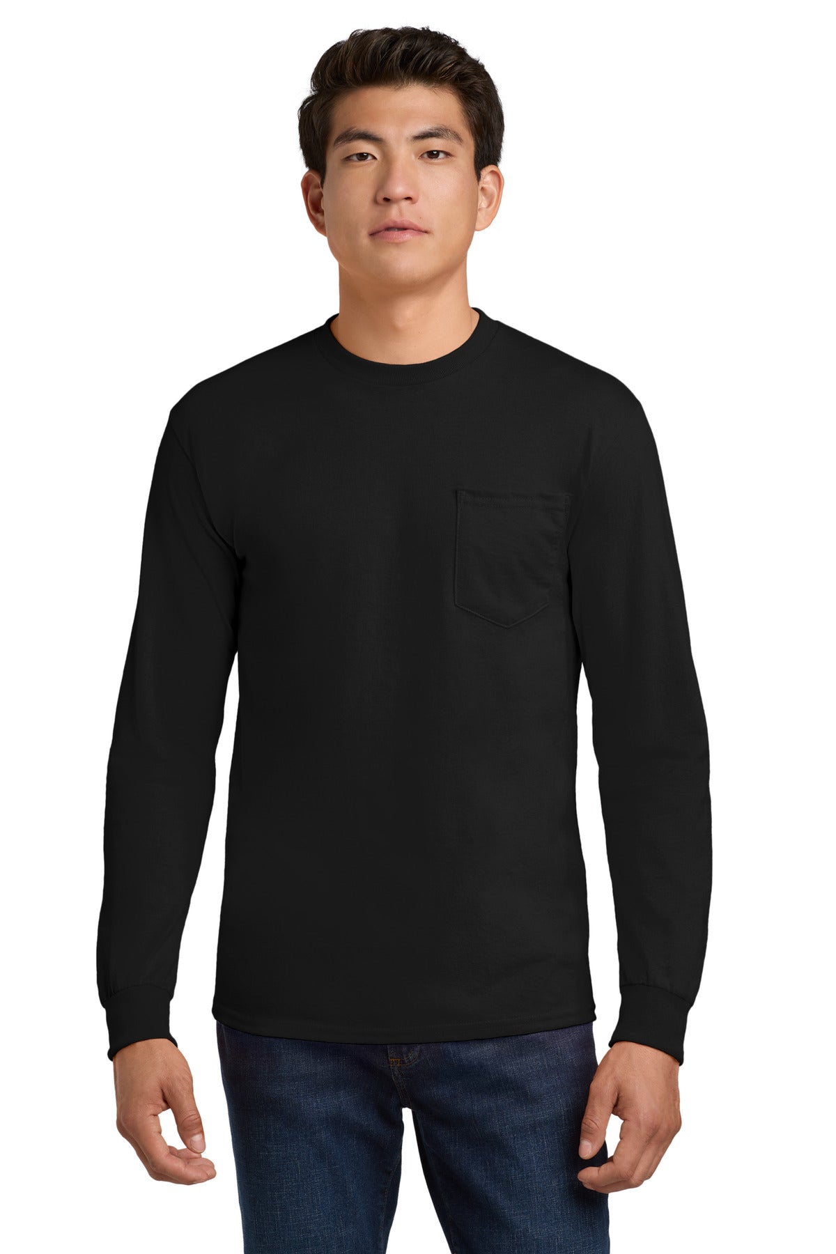 Custom logo Gildan® - Ultra Cotton® 100% US Cotton Long Sleeve T-Shirt with Pocket.  2410 in Black