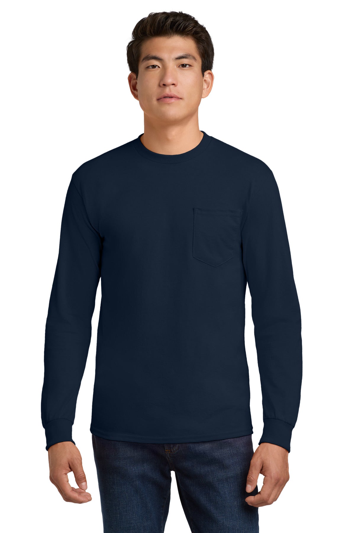Custom logo Gildan® - Ultra Cotton® 100% US Cotton Long Sleeve T-Shirt with Pocket.  2410 in Navy