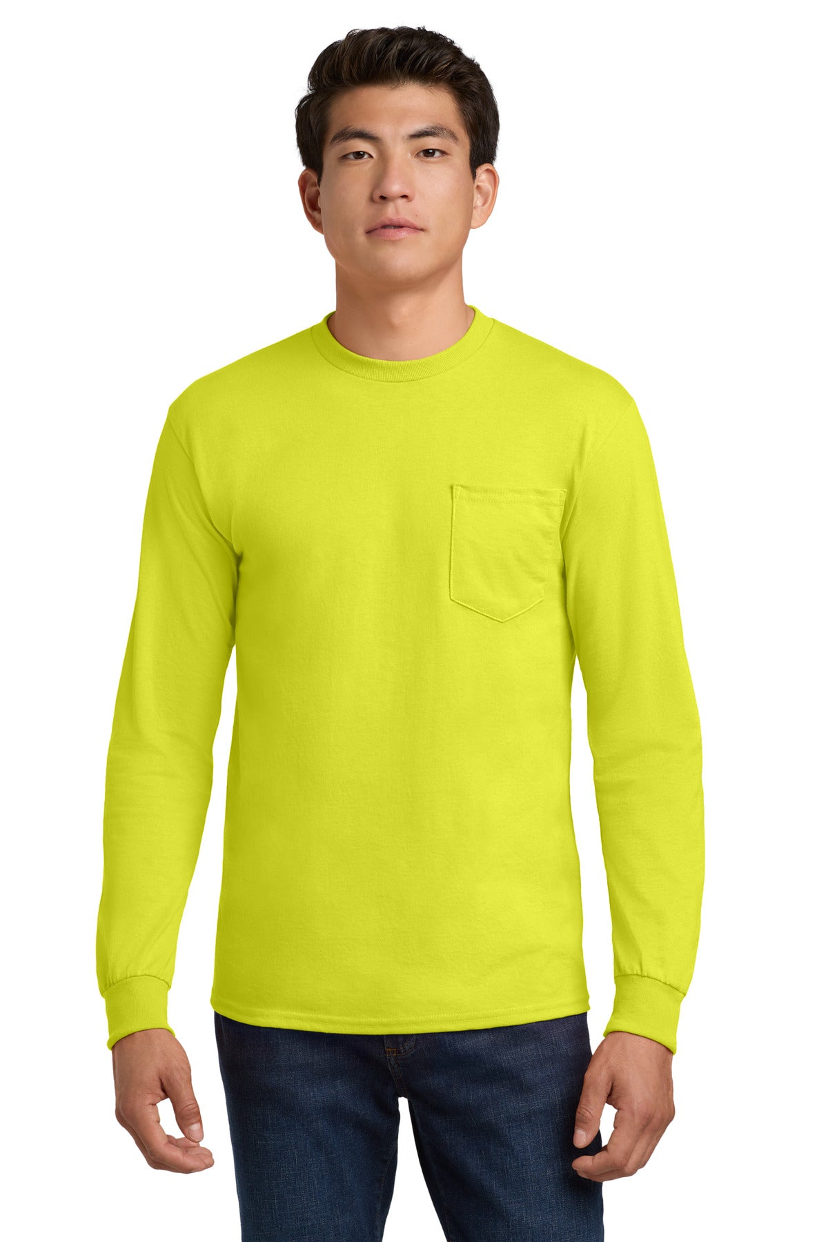 Custom logo Gildan® - Ultra Cotton® 100% US Cotton Long Sleeve T-Shirt with Pocket.  2410 in Safety Green