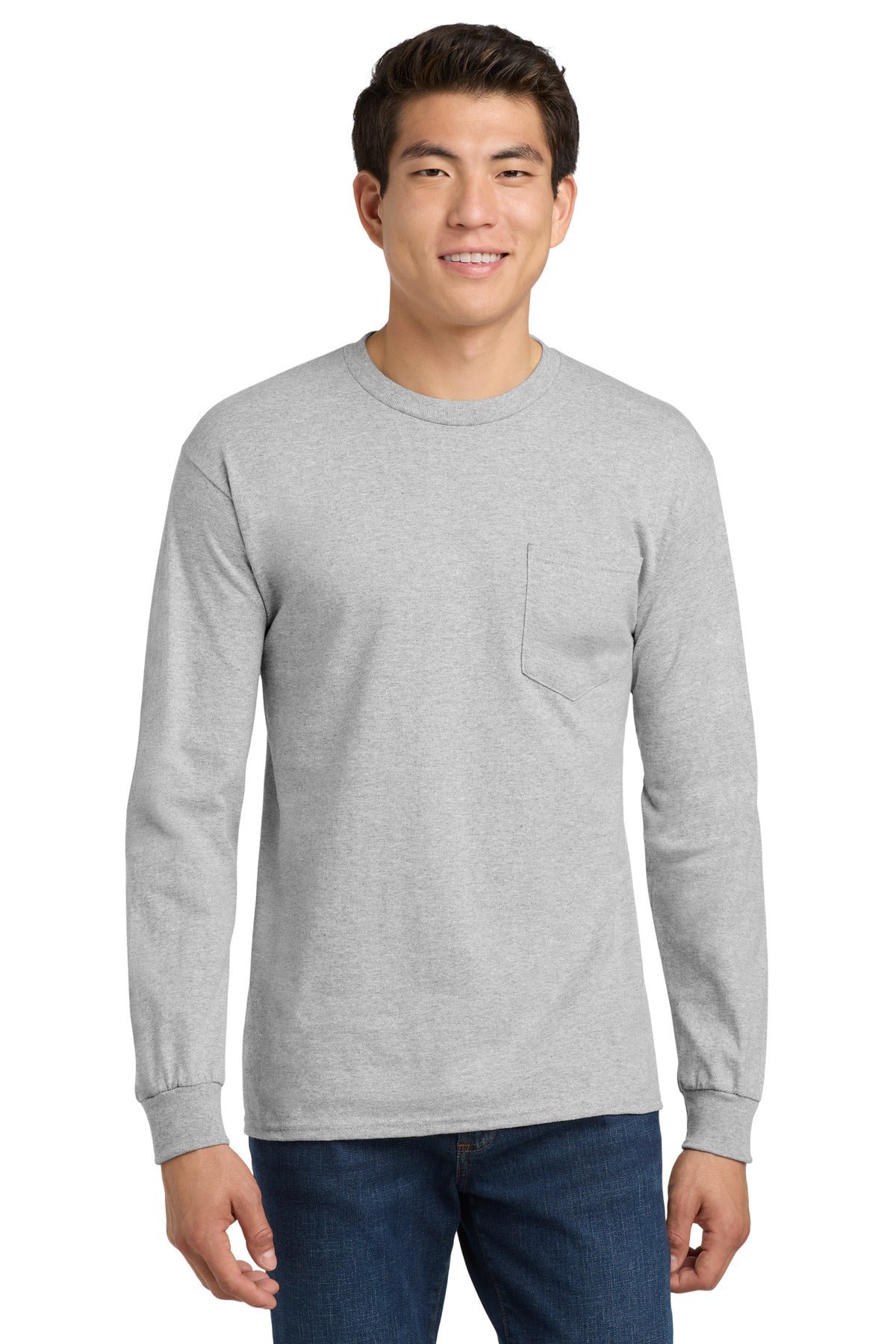Custom logo Gildan® - Ultra Cotton® 100% US Cotton Long Sleeve T-Shirt with Pocket.  2410 in Sport Grey