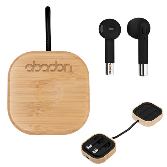 Custom logo Bamboo Wireless Earbuds & Watch Charger