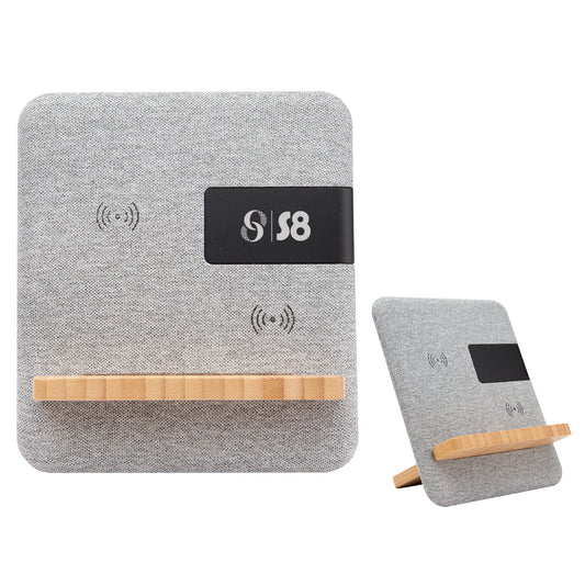 Custom logo Fabric & Bamboo Wireless Charger With Clock