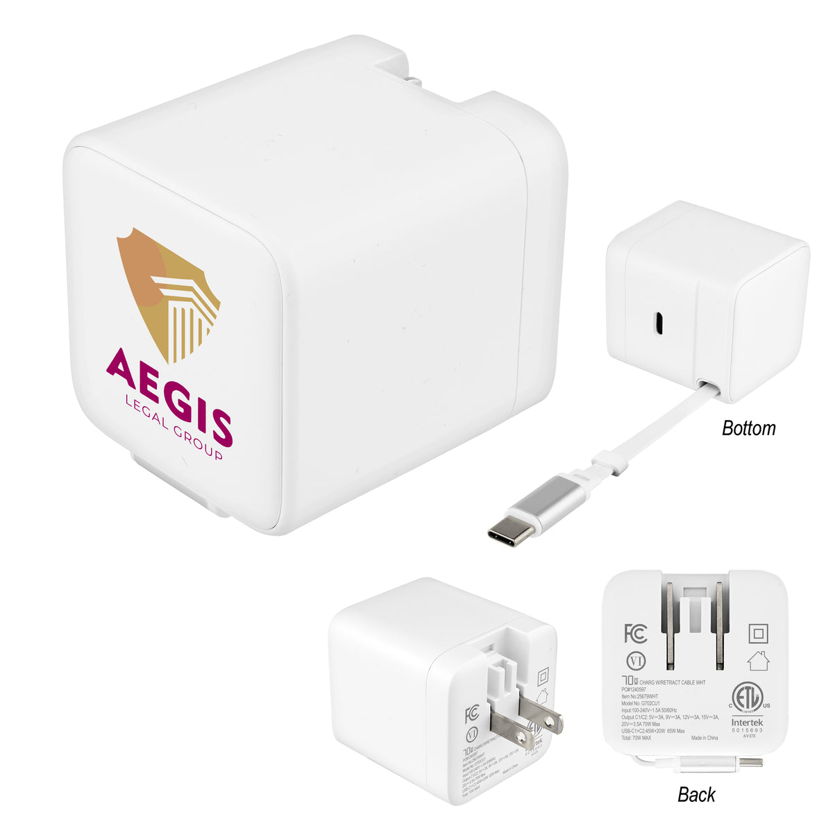 70W ETL Listed Wall Charger With Retractable Cable