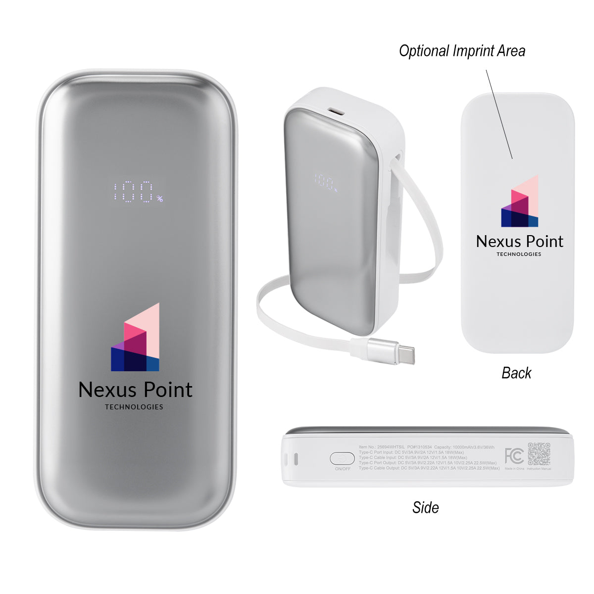 10,000 mAh Power Bank With Retractable Type-C Cable