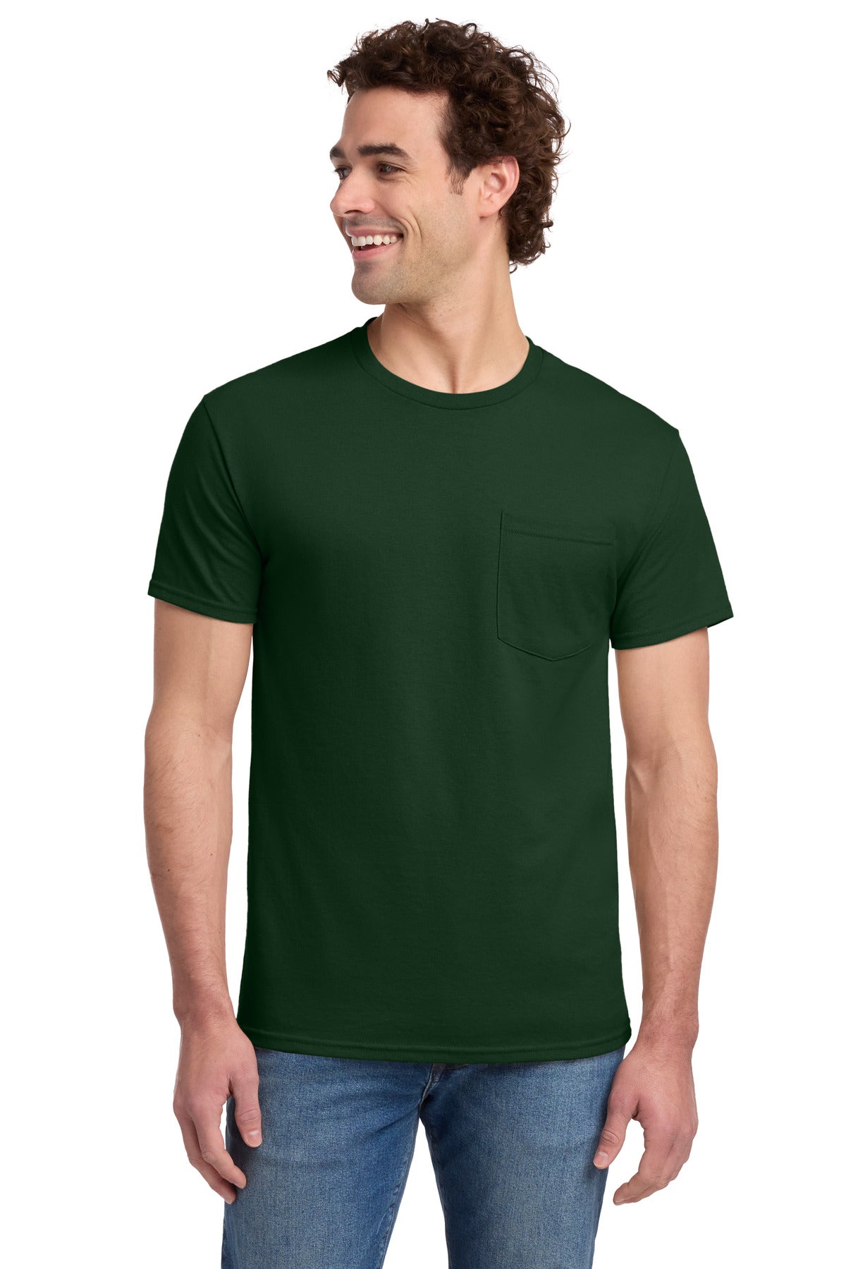 Custom logo Jerzees® -  Dri-Power® 50/50 Cotton/Poly Pocket T-Shirt.  29MP in Forest Green