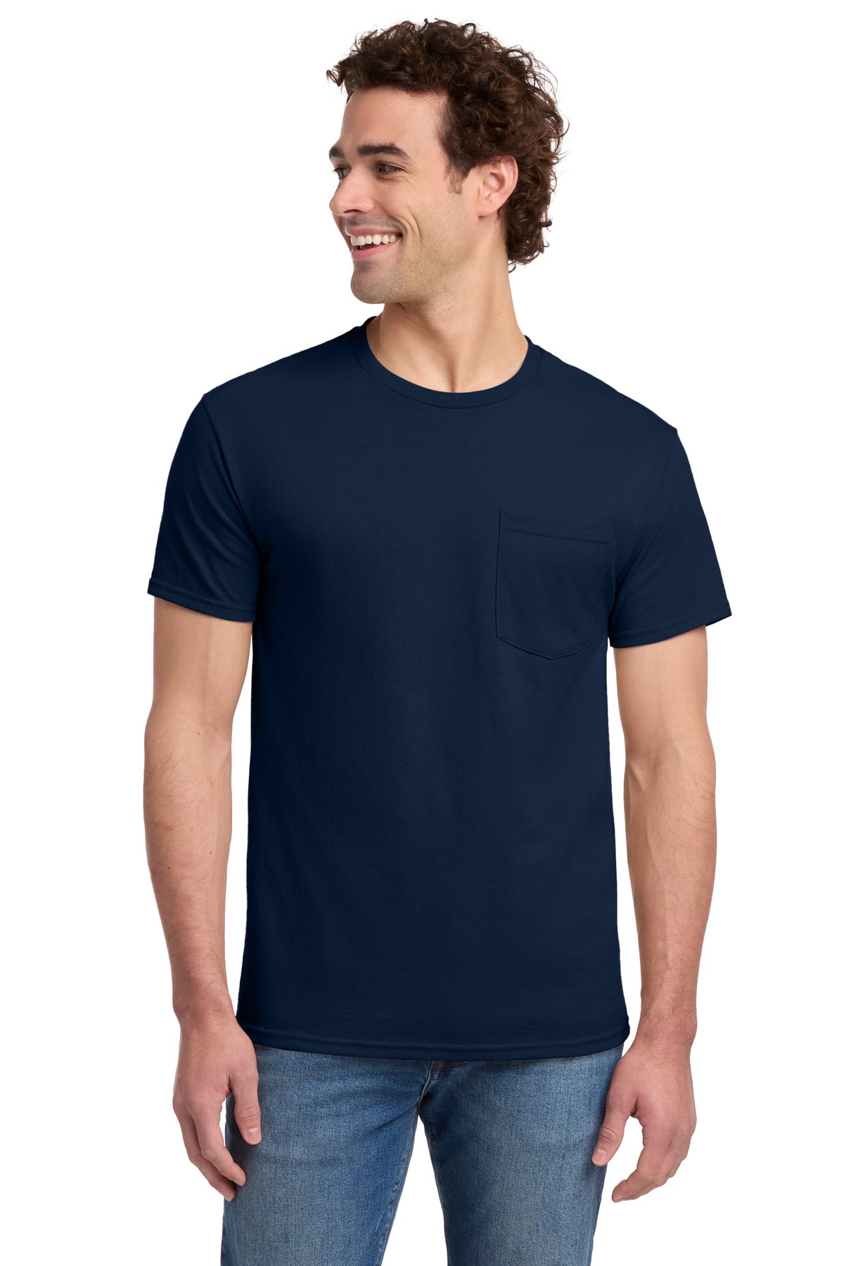 Custom logo Jerzees® -  Dri-Power® 50/50 Cotton/Poly Pocket T-Shirt.  29MP in J. Navy
