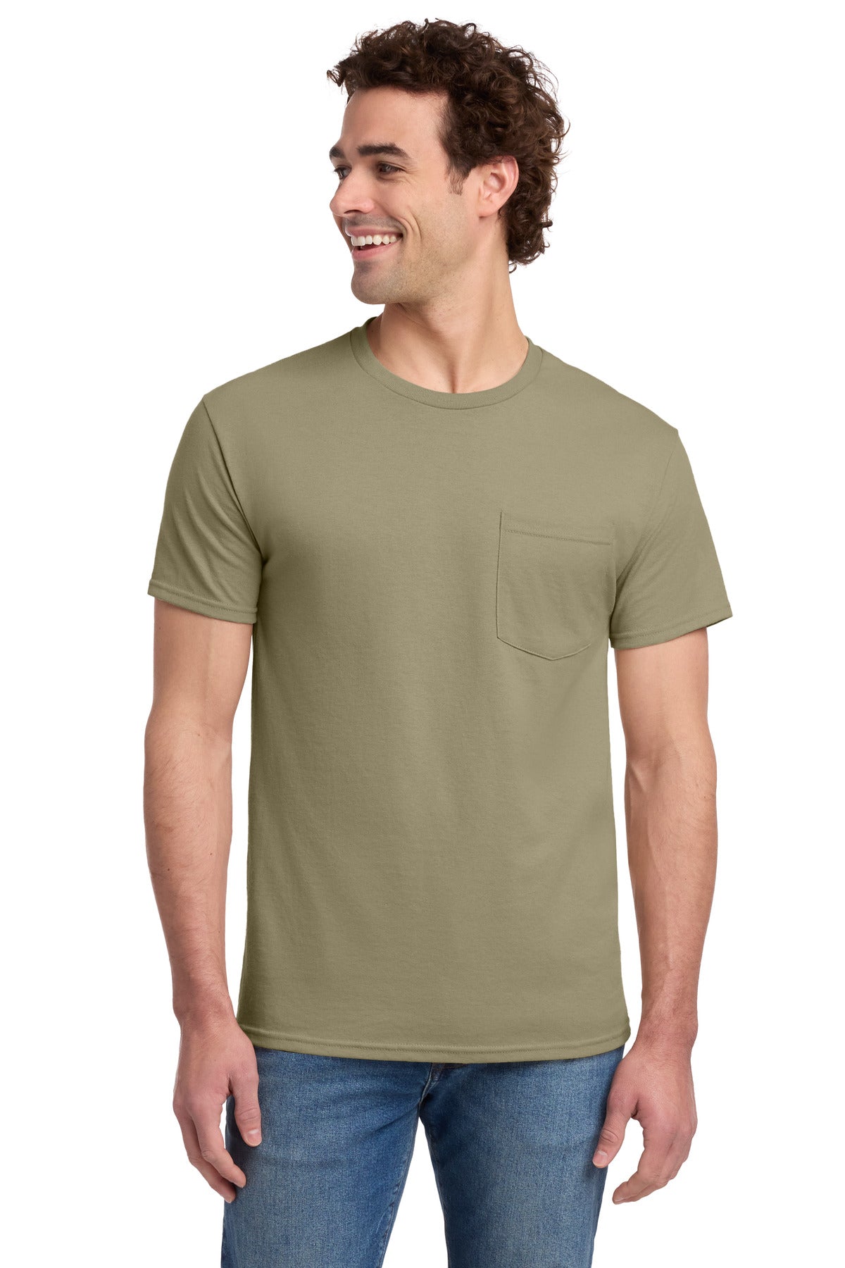 Custom logo Jerzees® -  Dri-Power® 50/50 Cotton/Poly Pocket T-Shirt.  29MP in Khaki